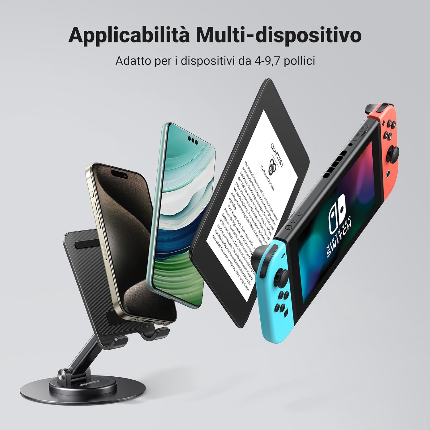 Detalle 2 de UGREEN supporto cellulare regolabile da tavolo con base girevole 360° per iPad mini e smartphone 4–9,7