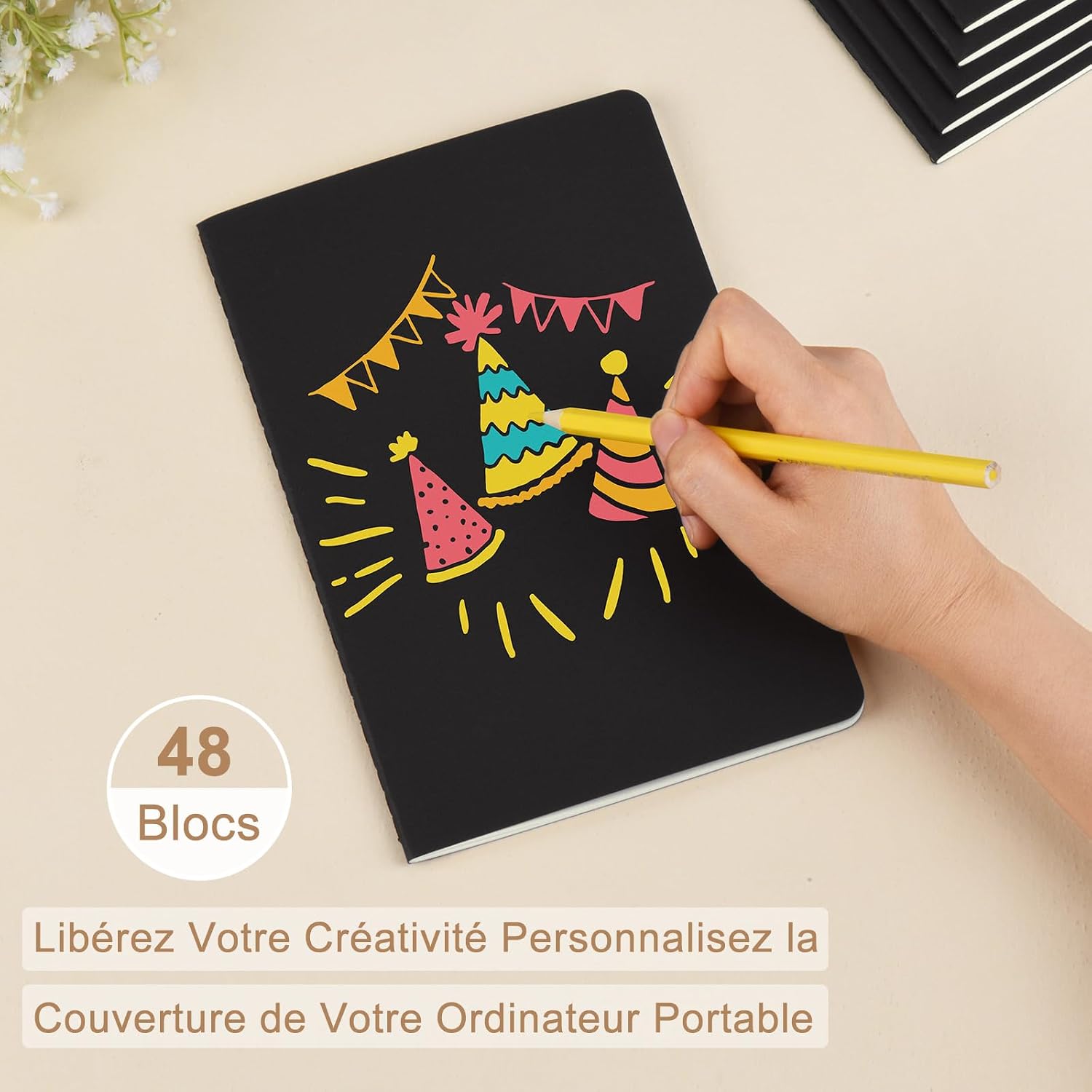 Detalle de ZCZN Cahiers A5 – Lot de 48 blocs note 60 pages, couverture kraft noire, papier FSC 80 g/m²