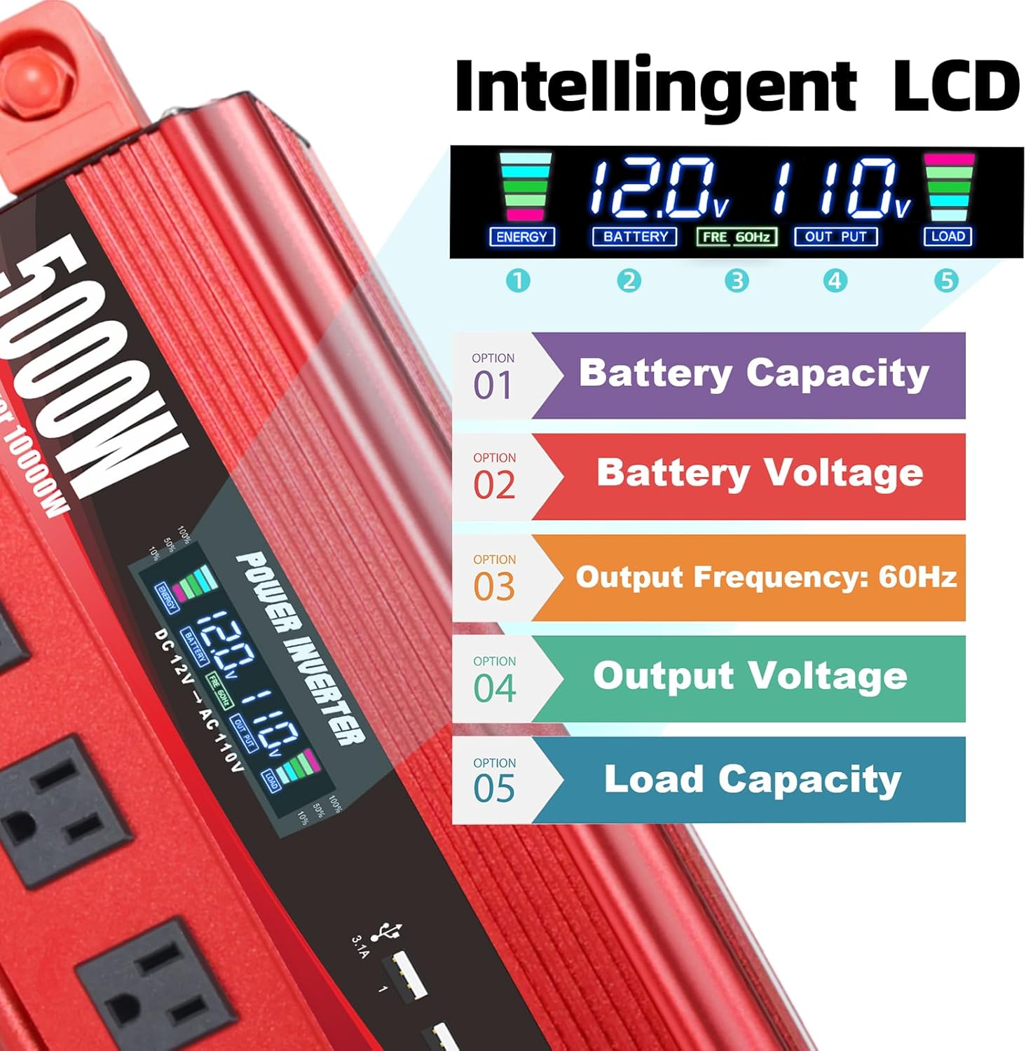 Thumbnail 3 de Cantonape 5000W Power Inverter: 12V DC to 110/120V AC with LCD, Remote, 5 AC Outlets and 4 USB, rugged for vehicles and solar