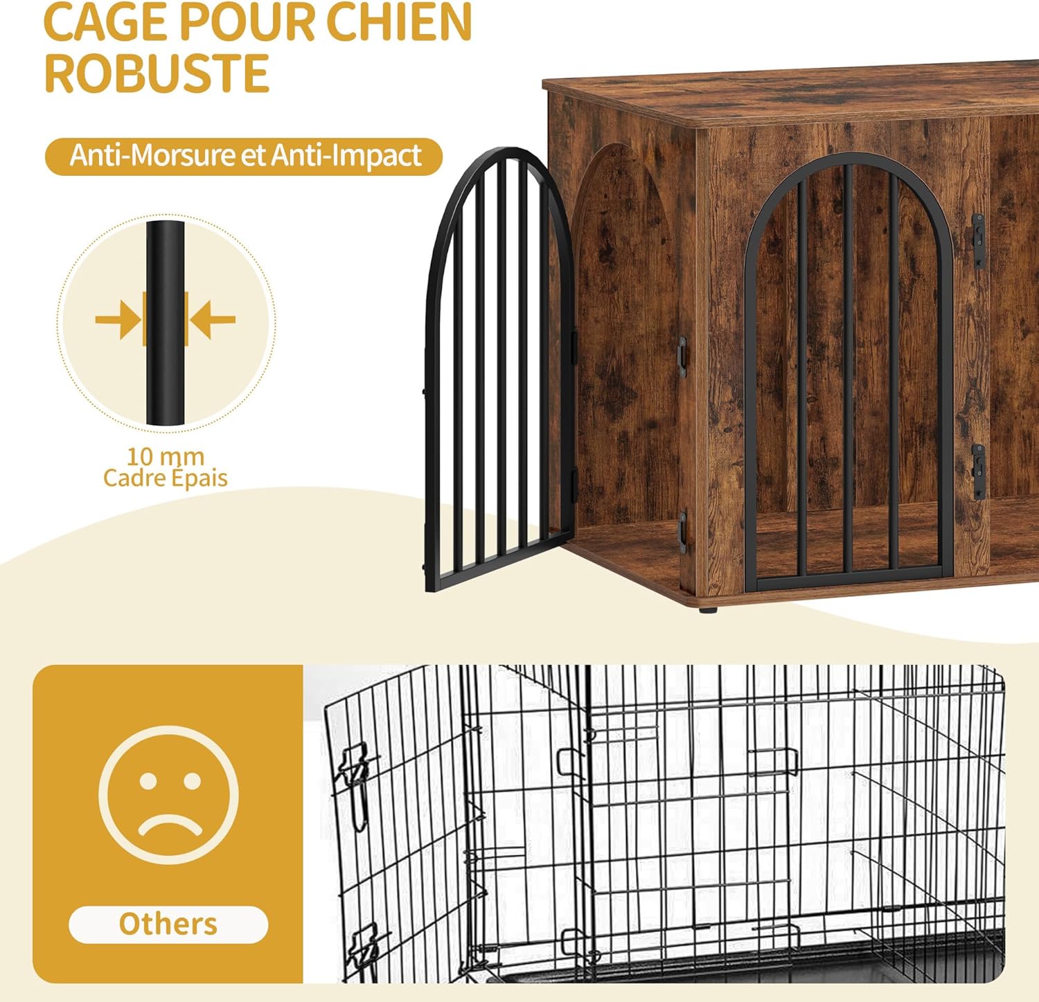 Detalle de Hzuaneri cage pour chiens 80 cm avec 3 portes et arche d’accès DFC85101B (marron rustique)