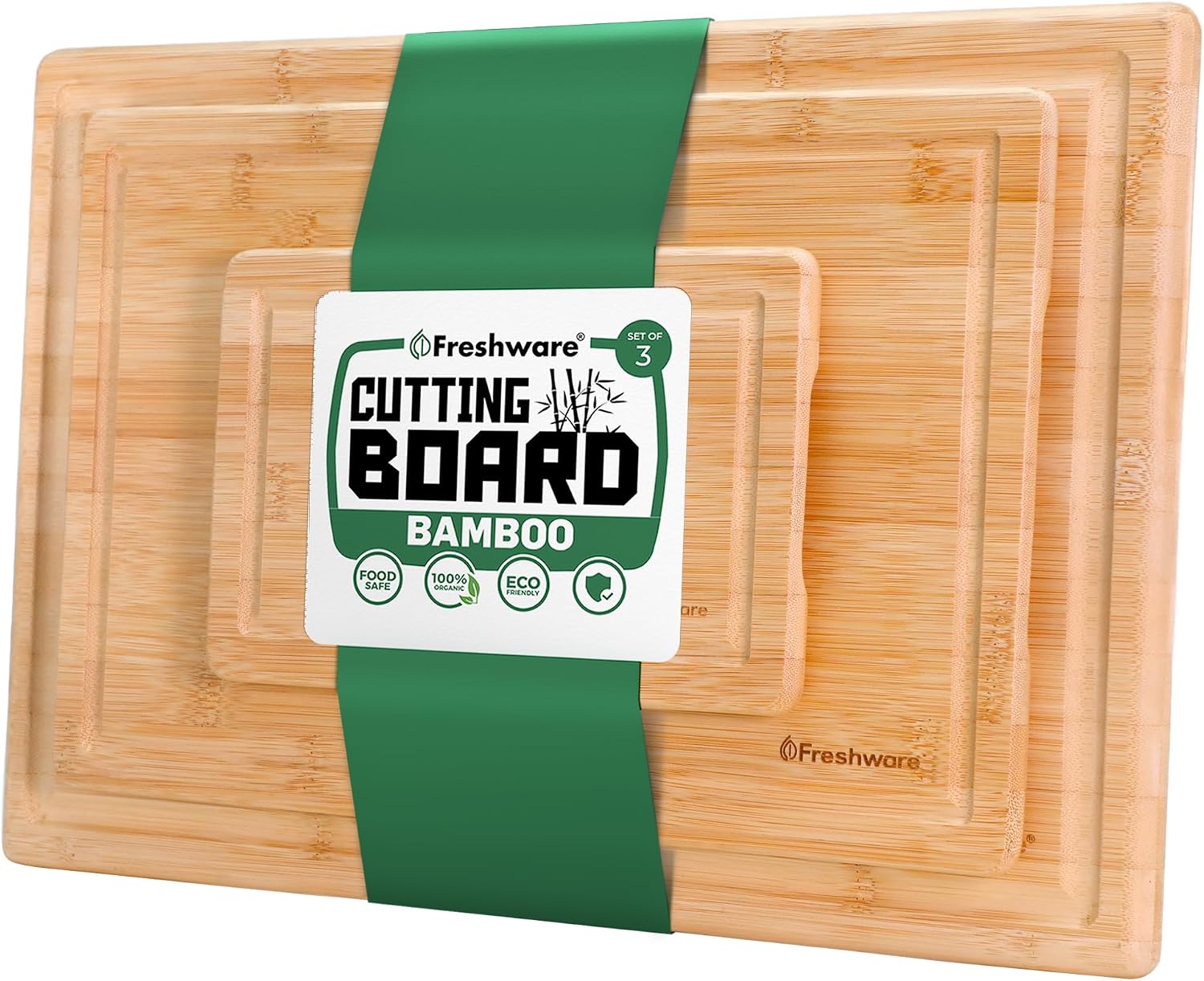 Detalle de Freshware Bamboo Wood Cutting Board Set of 3 with Juice Grooves (9x6", 12x8", 15x10")