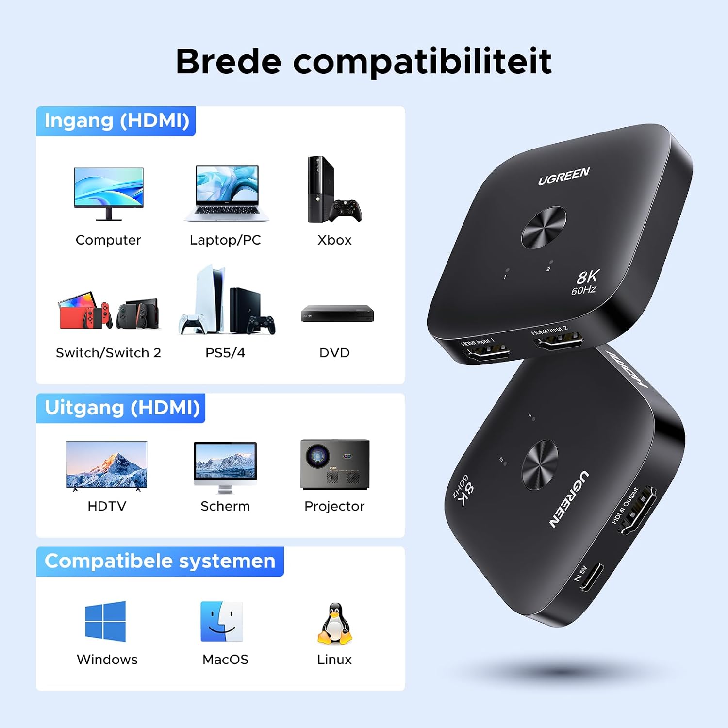 Thumbnail 6 de UGREEN HDMI-switch 2-in-1-uit voor 8K@60Hz en 4K@240Hz