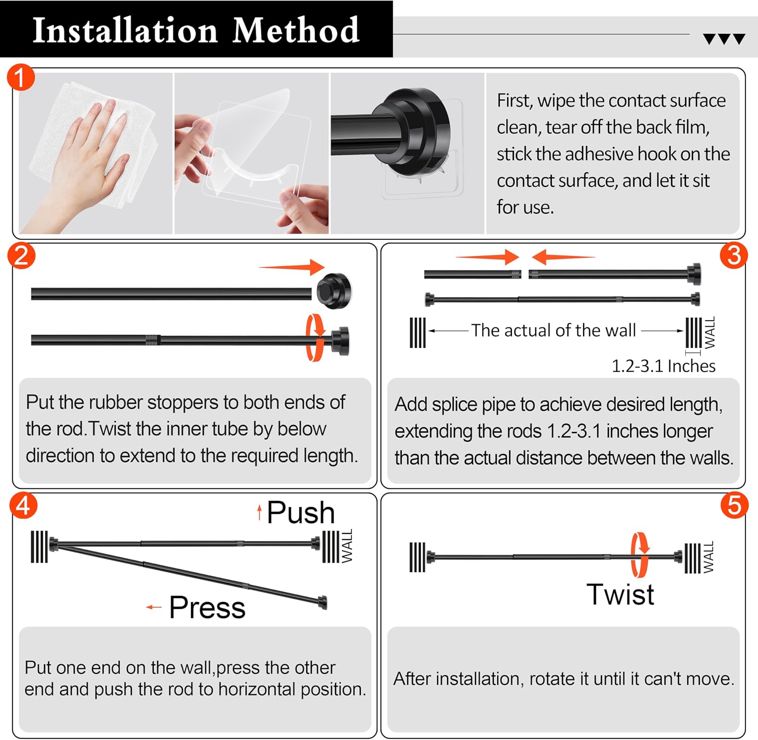 Thumbnail 5 de Stainless Steel Extendable Shower Curtain Rod Tension Pole (132cm-195cm) – Black