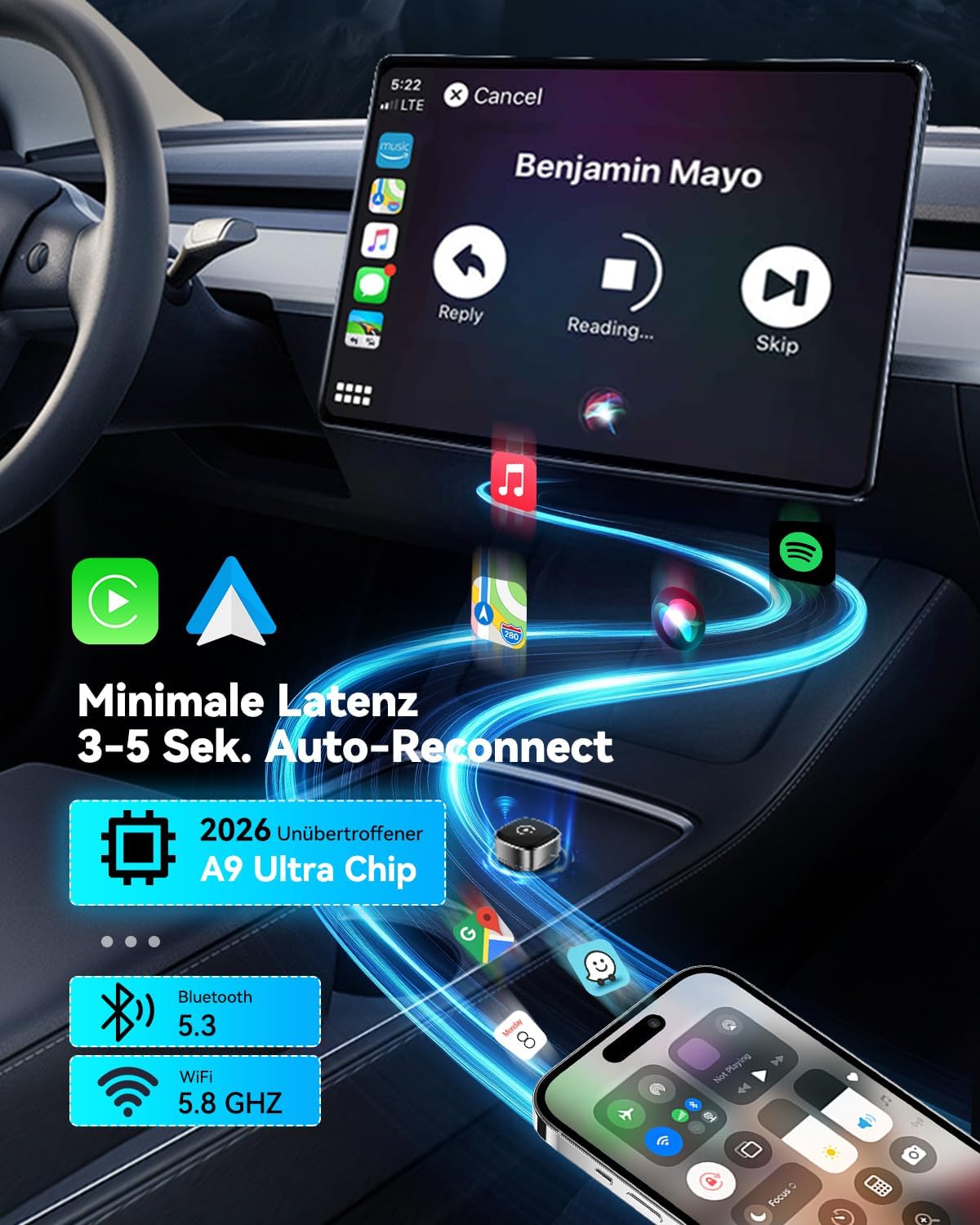 Thumbnail 2 de Spedal Mini Wireless CarPlay & Android Auto Adapter 2026 (WLAN 6, Bluetooth 5.3) – silber, 3–5 s Verbindung