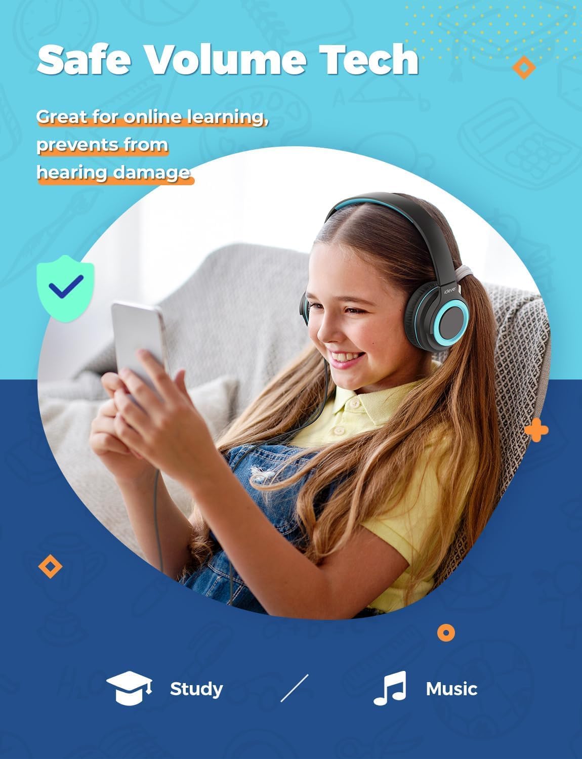 Thumbnail 2 de iClever 2 Pack Kids Headphones (85dBA Safe Volume) with 3.5mm Sharing Splitter – Wired, Foldable, Blue & Black