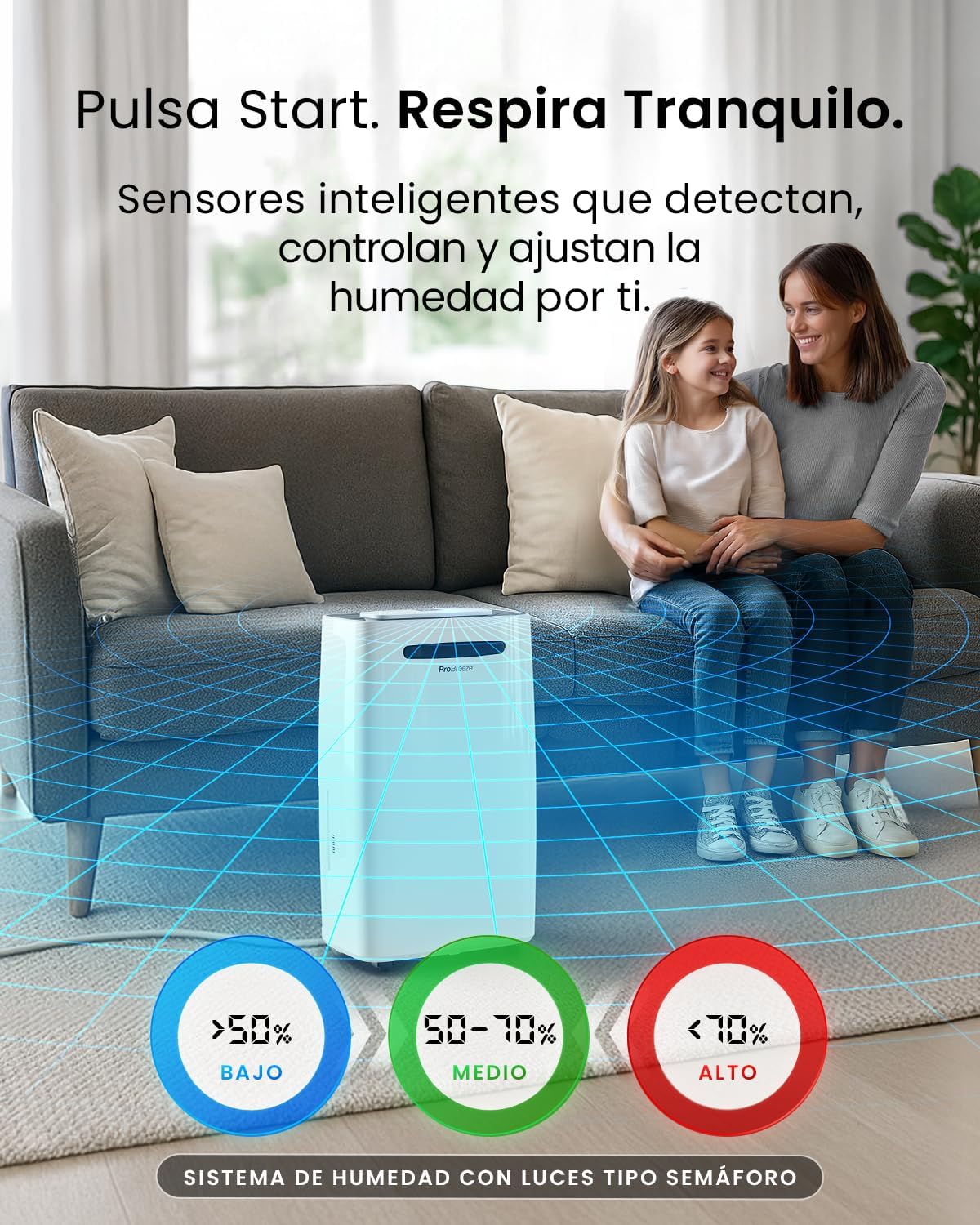 Thumbnail 5 de Pro Breeze deshumidificador inteligente 20L/día con Wi-Fi, sensor de humedad, modo ropa y drenaje continuo para condensación y moho en casa