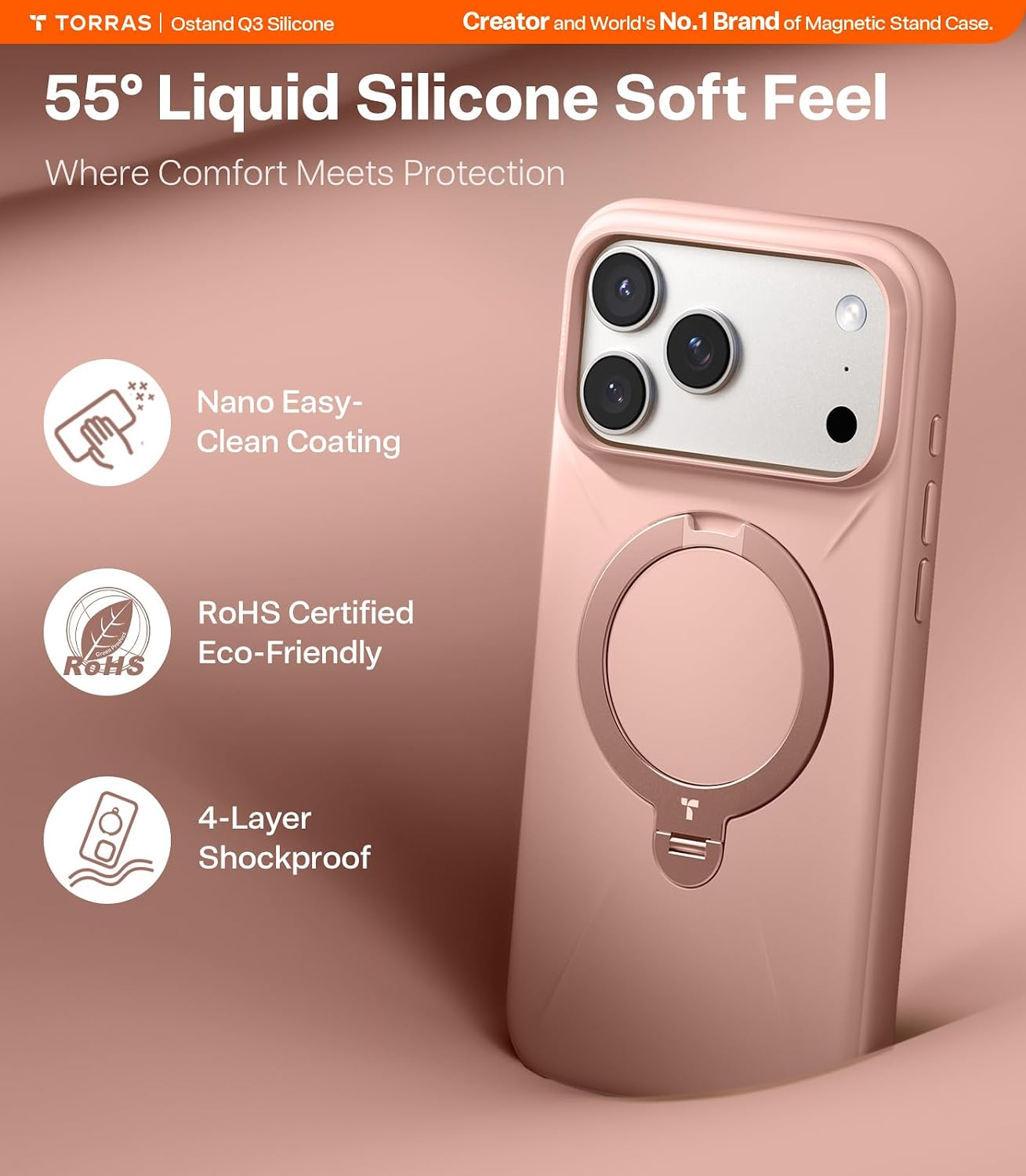 Detalle 2 de TORRAS Q3 Silicone Case for iPhone 17 Pro Max with MagSafe Stand, Bliss Pink
