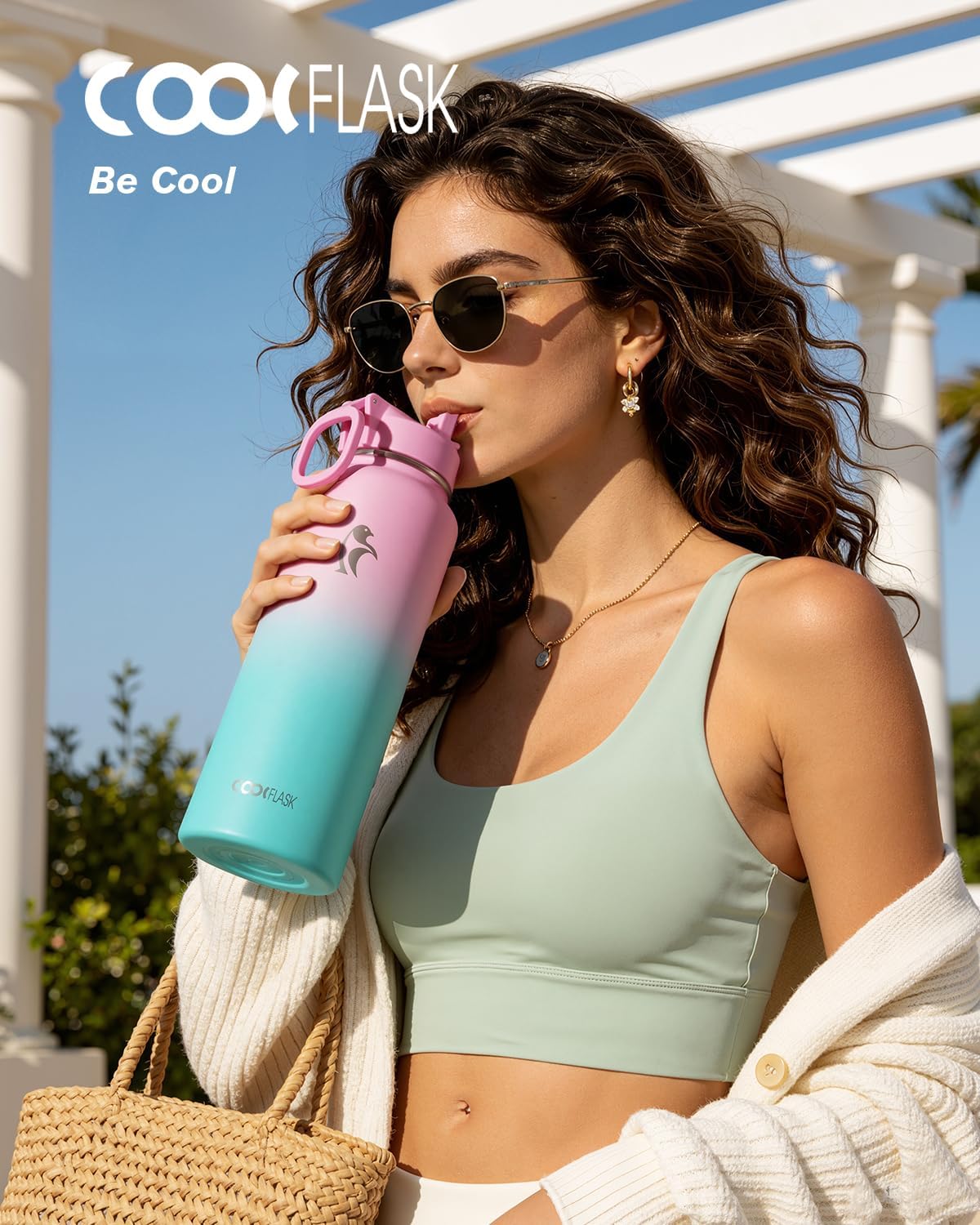 Detalle de Coolflask Long-lasting insulated water bottle, 40 oz, 3 lids, Bubblegum Princess