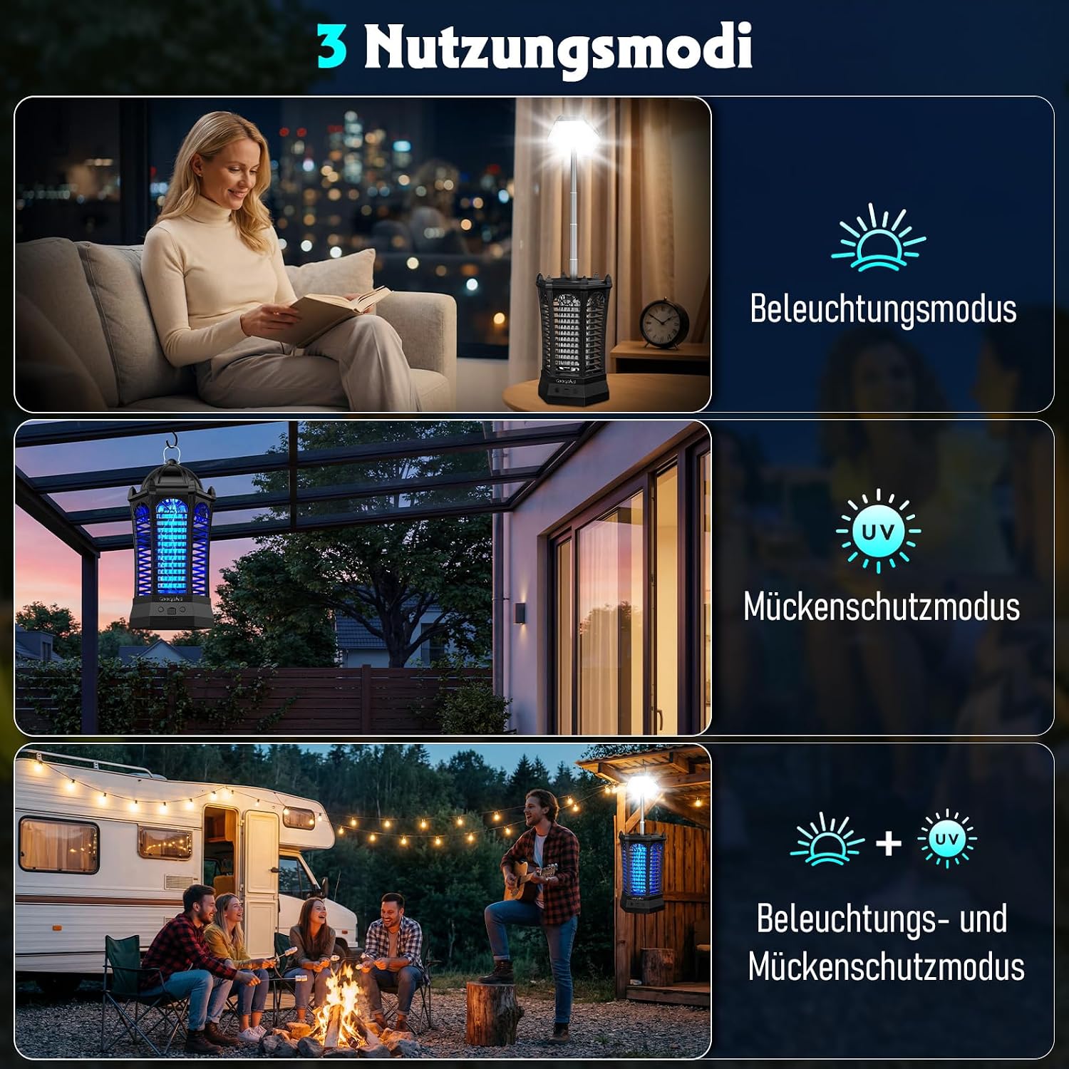 Detalle de GooQand Insektenvernichter elektrisch mit LED-Beleuchtung – 3-in-1 für Innen und Außen