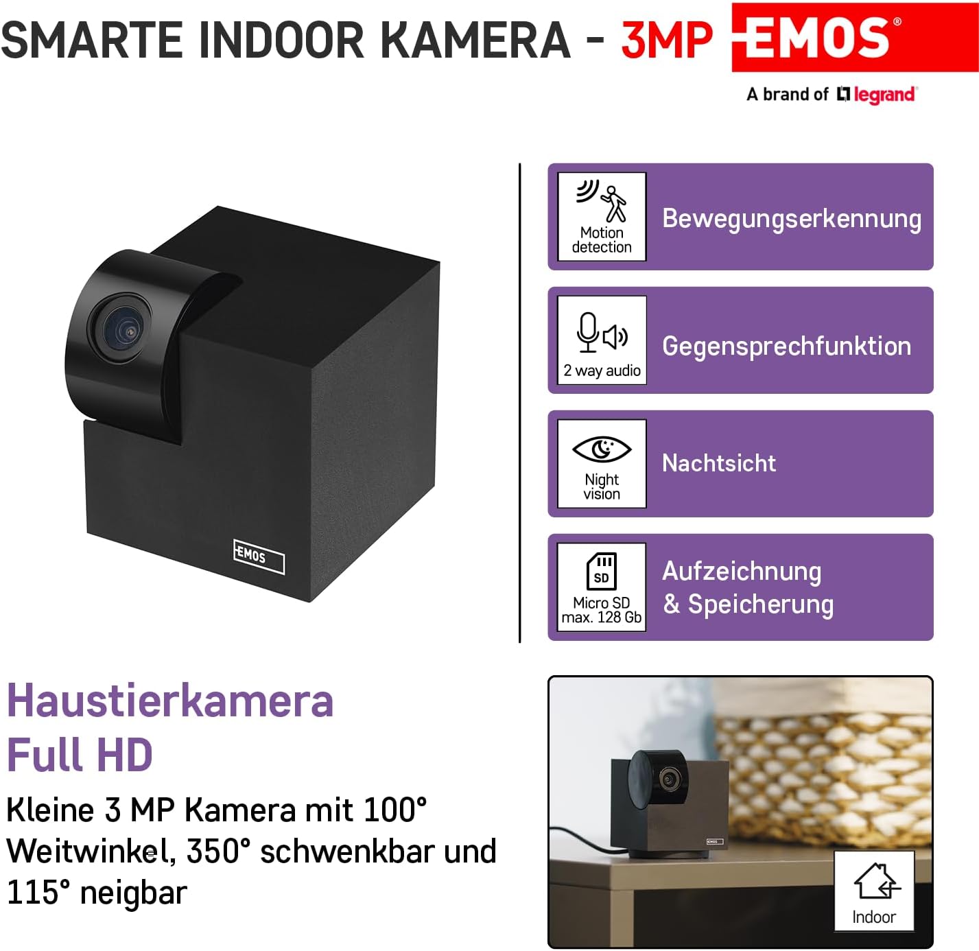 Detalle 2 de EMOS IP-110 CUBEV2 kamera wewnętrzna Wi-Fi 3 MP, obrotowa, z trybem nocnym