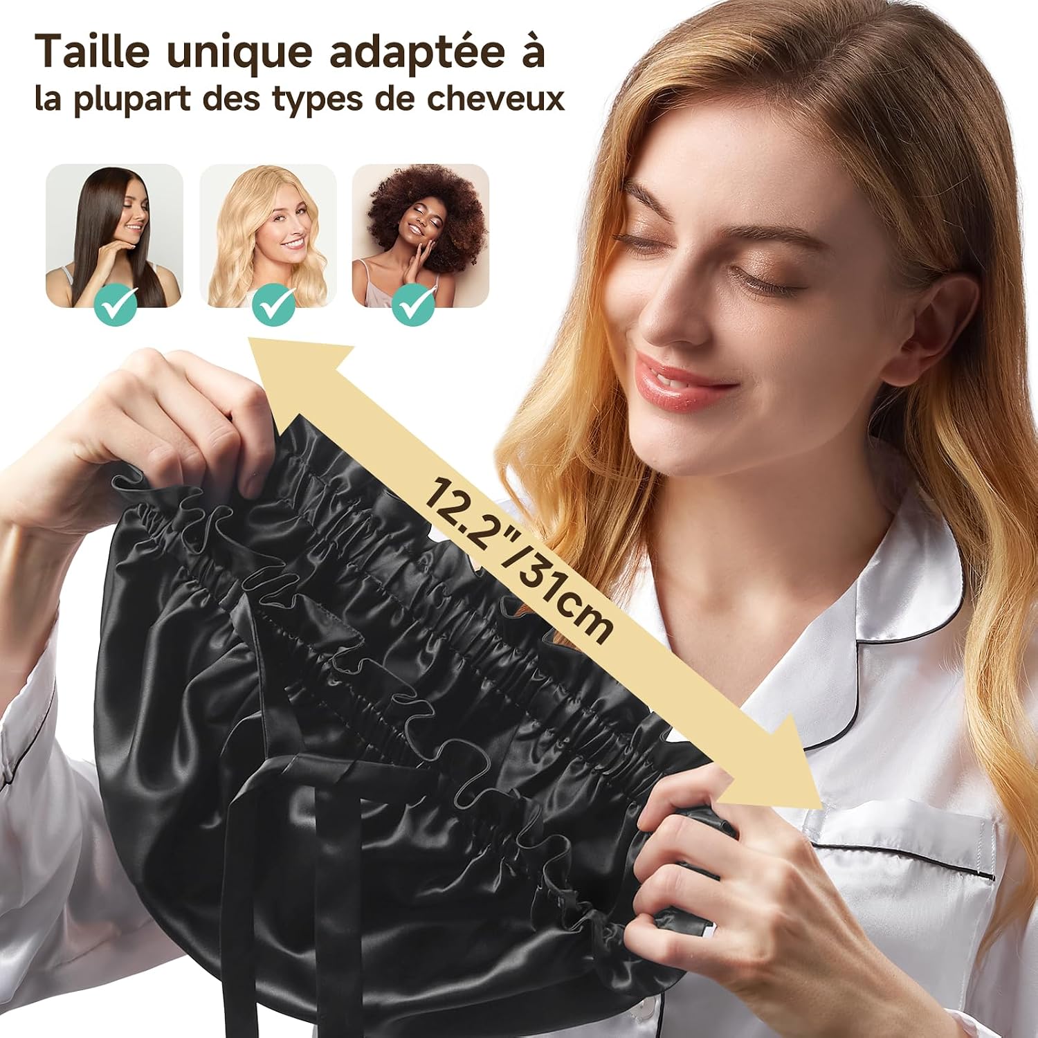 Detalle de Umisleep 22 Momme Maulbeerseide Seidenhaube zum Schlafen – Doppellagig, verstellbares Band, Schwarz