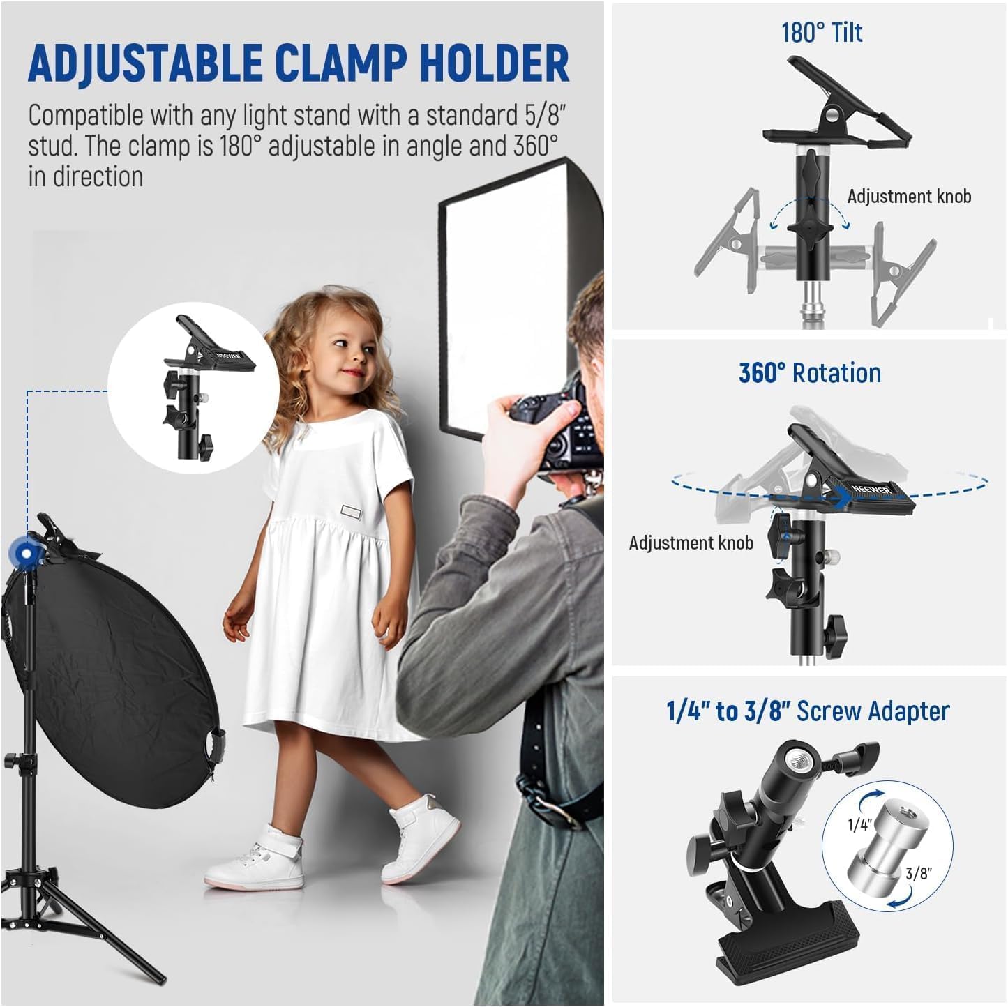 Thumbnail 4 de NEEWER 22"/56cm 5-in-1 Light Reflector with Clamp & Hand Grips – Portable Studio and Outdoor Reflector