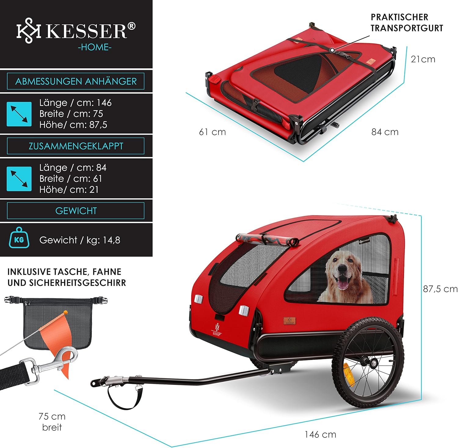 Thumbnail 6 de KESSER Hundeanhänger Boxer 2-in-1 Hundebuggy – Fahrradanhänger, ca. 250 l, bis 45 kg, klappbar