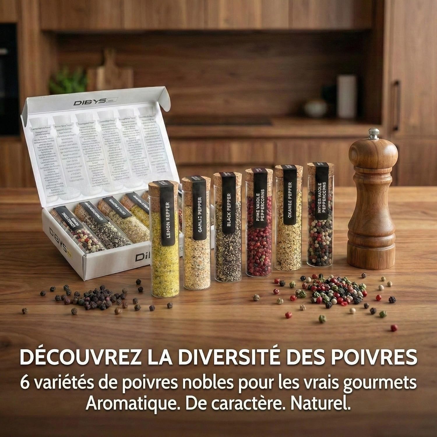 Thumbnail 4 de Coffret DIBYS de 6 variétés de poivres en tubes à essai avec recettes