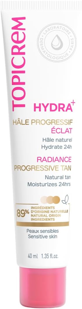 Detalle de Topicrem HYDRA+ Autobronzant Hâle Progressif Éclat – Hydrate 24h, Peaux sensibles & sèches, 40 ml
