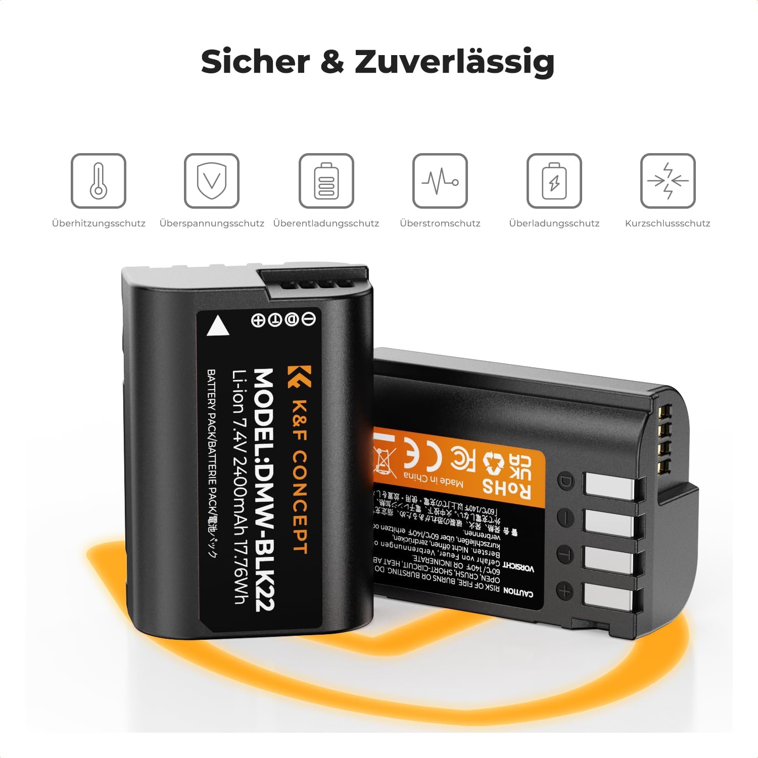 Detalle de K&F CONCEPT DMW-BLK22 Akku 2er-Pack (2400 mAh) + LCD Dual-Slot-Ladegerät für Panasonic Lumix