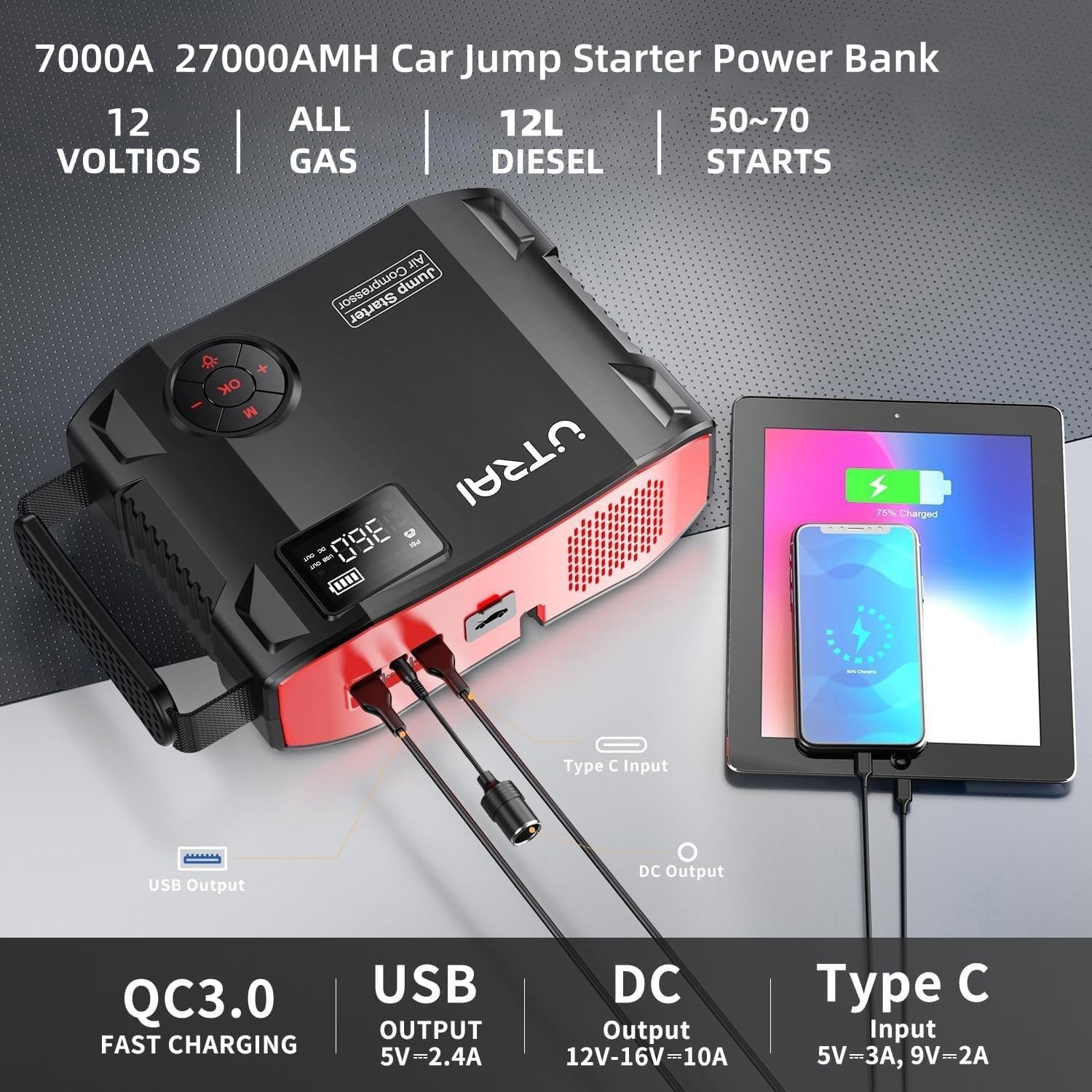 Detalle de UTRAI 27000mAh Car Jump Starter Power Bank with Air Compressor and 1600 Lumen LED – All-in-One Portable Power for Vehicles