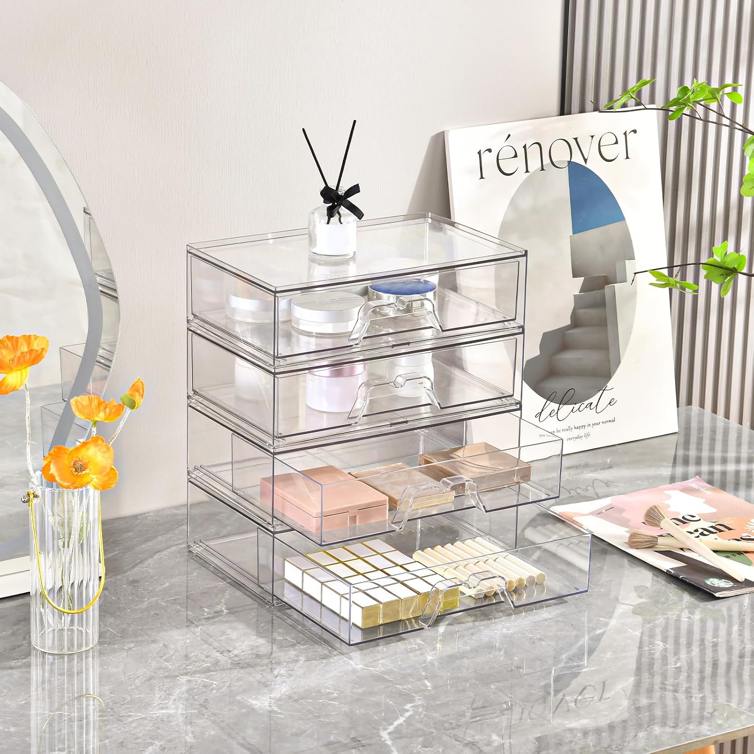 Detalle 2 de Stebopum 3Pack Stackable Plastic Storage Drawers – Clear Acrylic Makeup Organiser