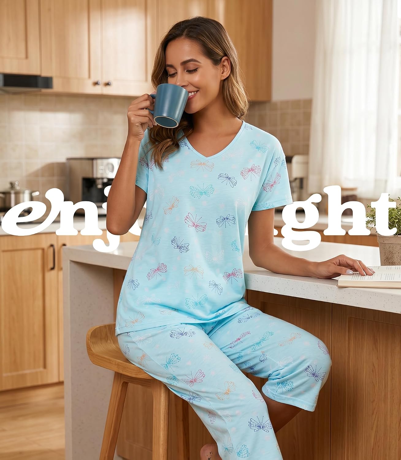 Thumbnail 2 de ENJOYNIGHT Women’s Cotton Pajama Set (Short Sleeve Top & Capri Pants) 2-Piece Lounge Sleepwear