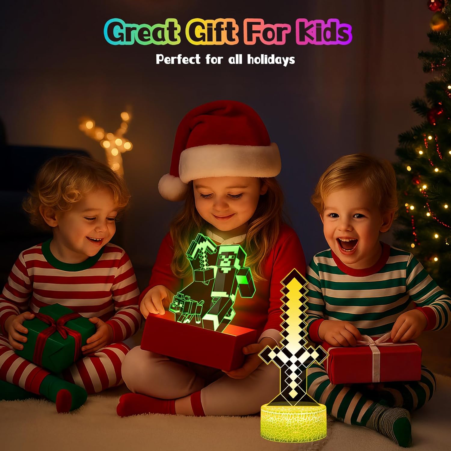 Detalle de Eygerur Lot de 2 Veilleuses Minec 3D LED pour enfants – télécommande et 16 couleurs