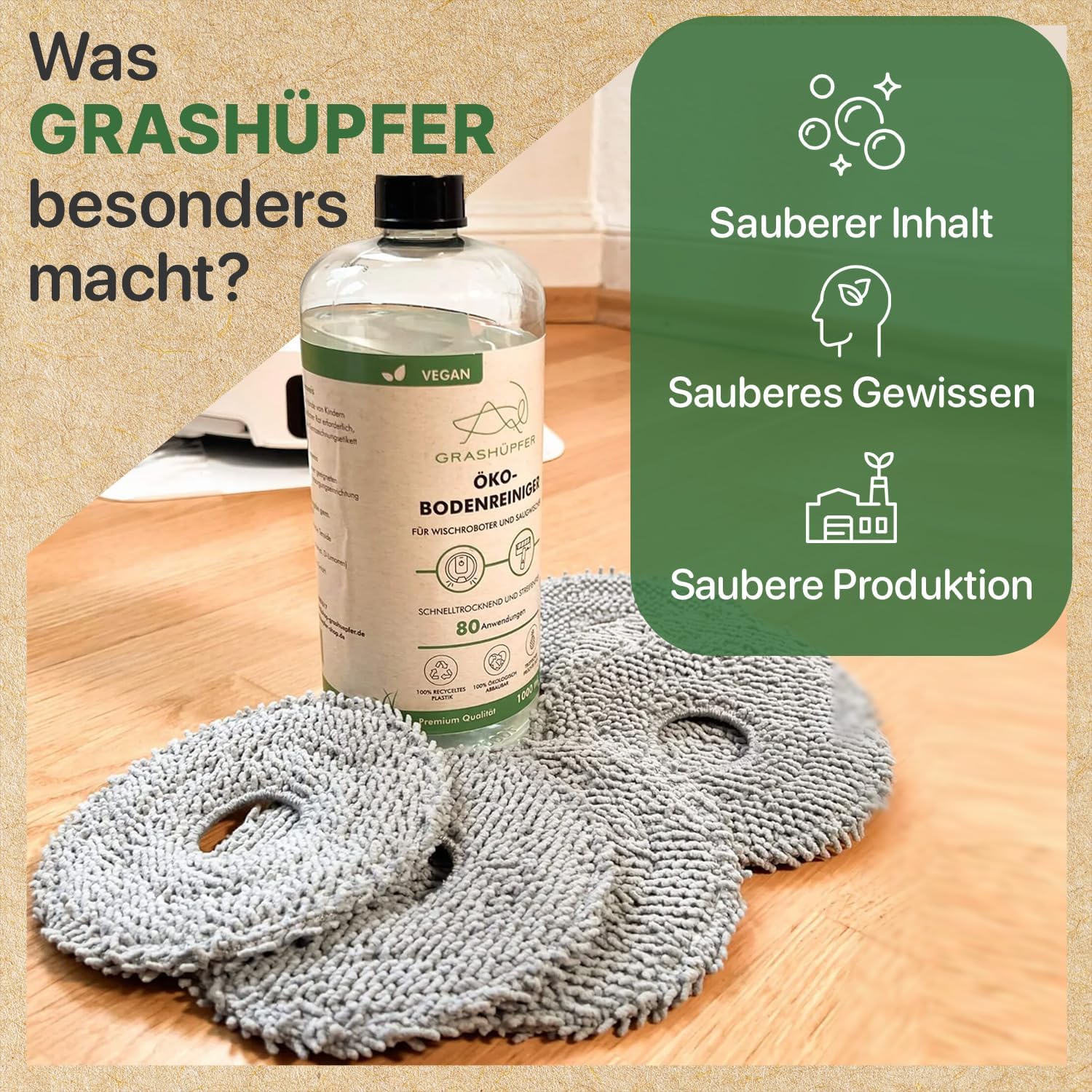 Thumbnail 4 de GRASHÜPFER® Zubehör-Set für Roborock Qrevo/Saros: 2× Öko-Bodenreiniger, wiederverwendbare Staubbeutel & waschbare Wischpads