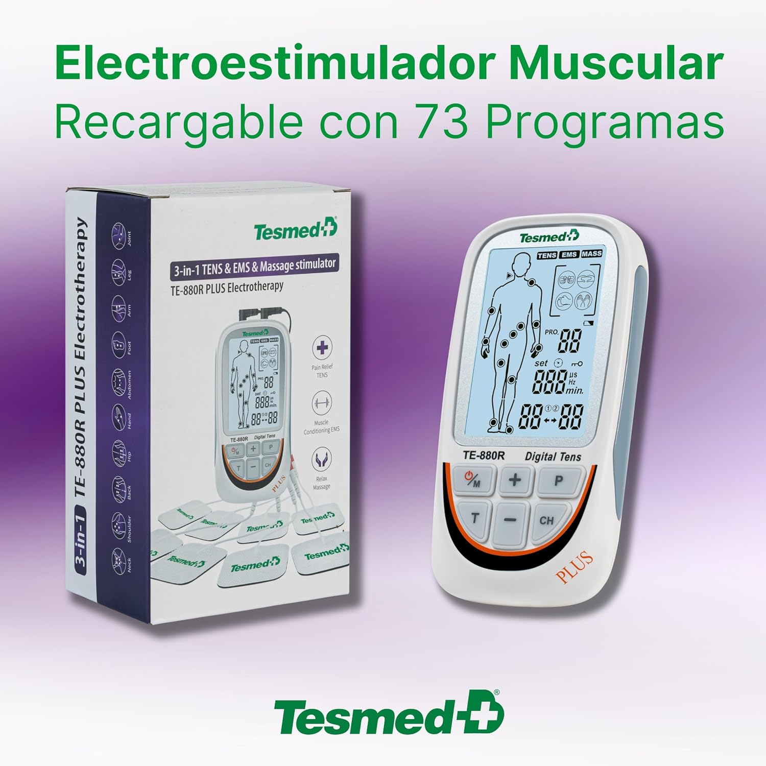 Detalle 2 de TESMED TE-880R Plus electroestimulador 73 programas