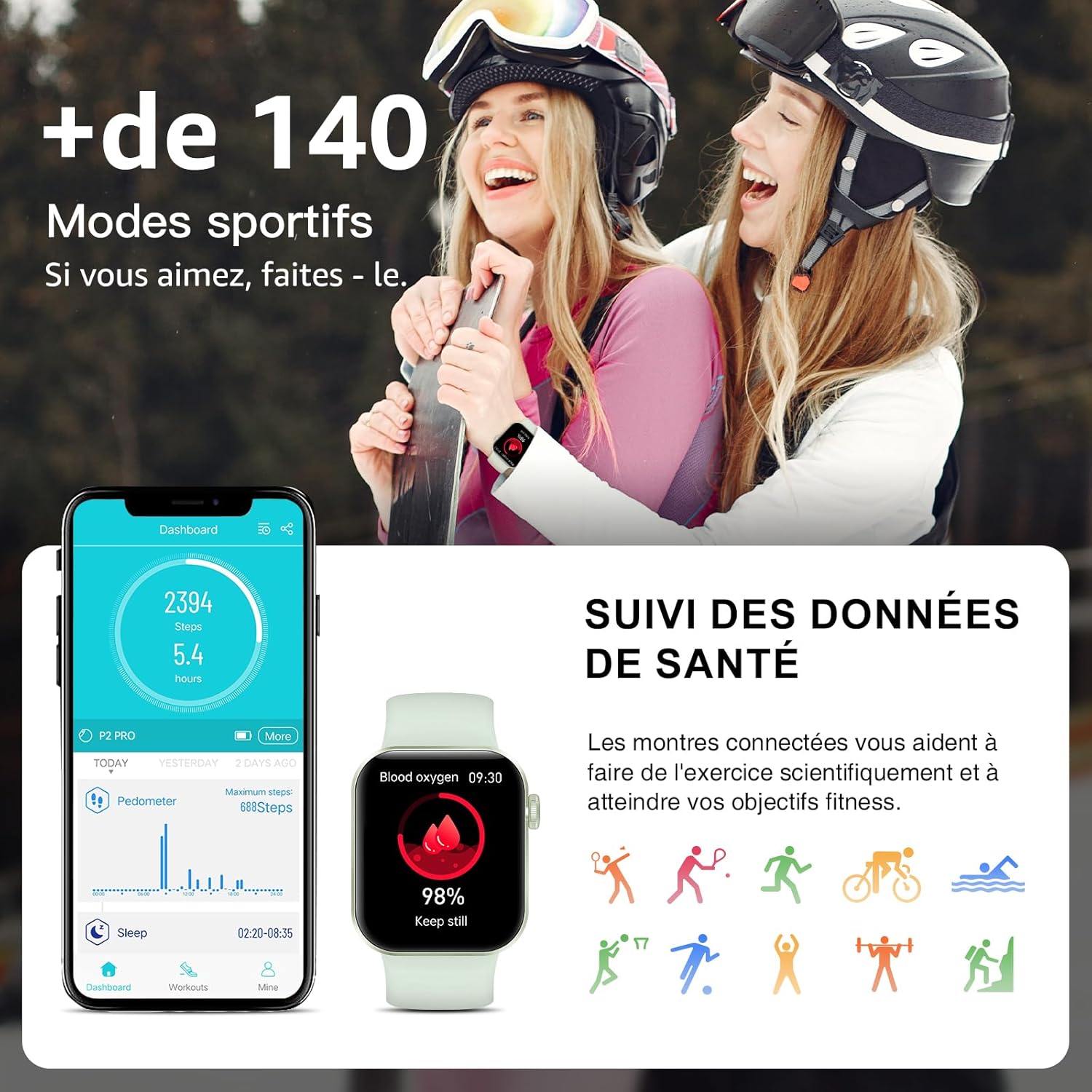Thumbnail 4 de Montre connectée Bluetooth P2 (1,85”) : appels, 140+ modes sport, cardio et suivi du sommeil, étanche IP68