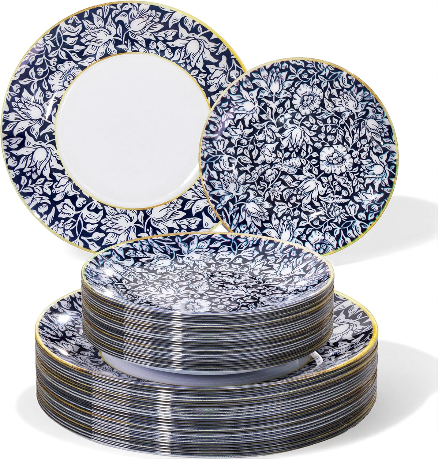Detalle de Hioasis Blue Floral Plastic Plates, 60-Piece Set with Gold Rim