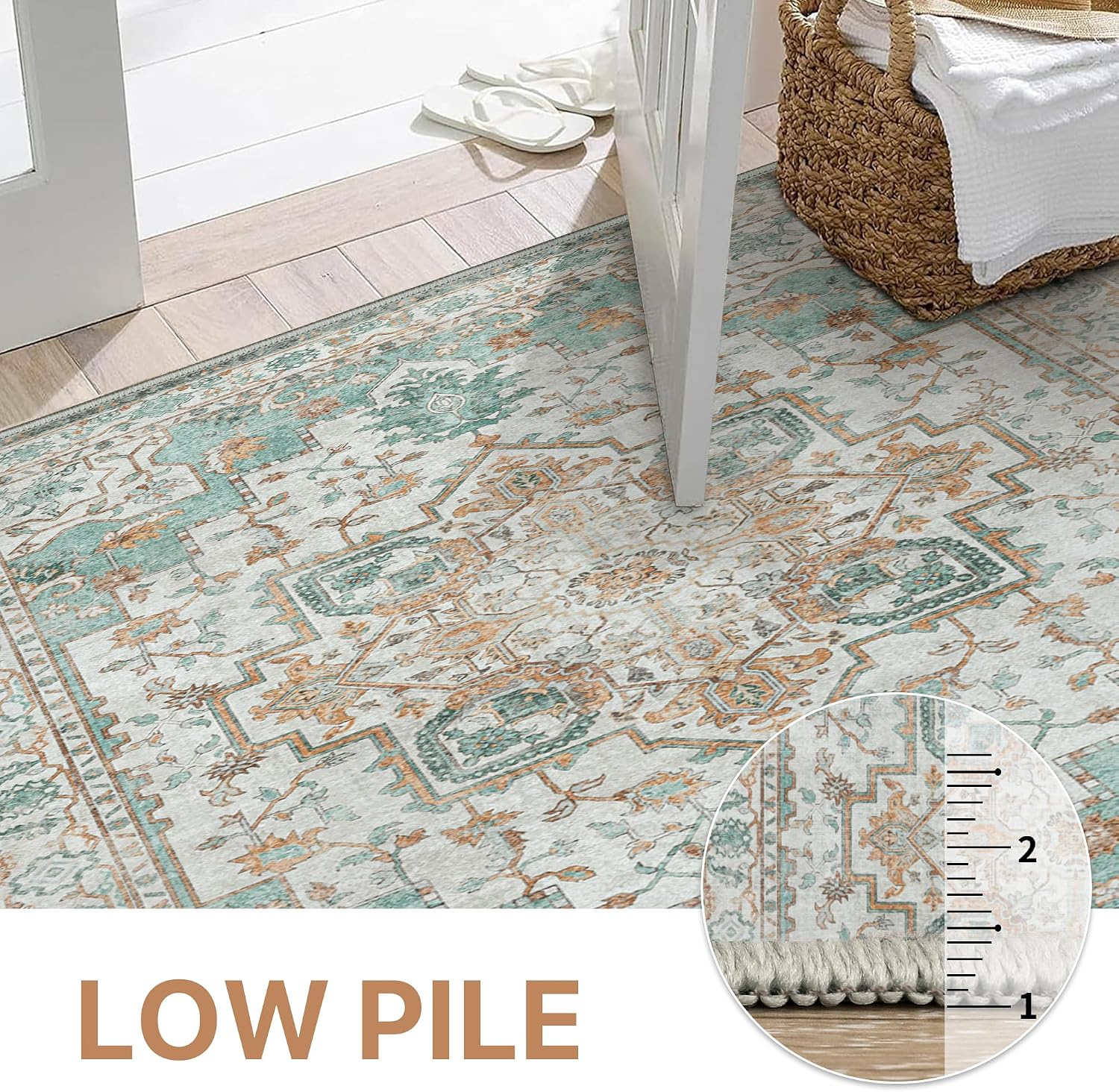Thumbnail 4 de GENIMO Area 8' x 10' Washable Low-Pile Floral Area Rug, Turquoise/Ivory