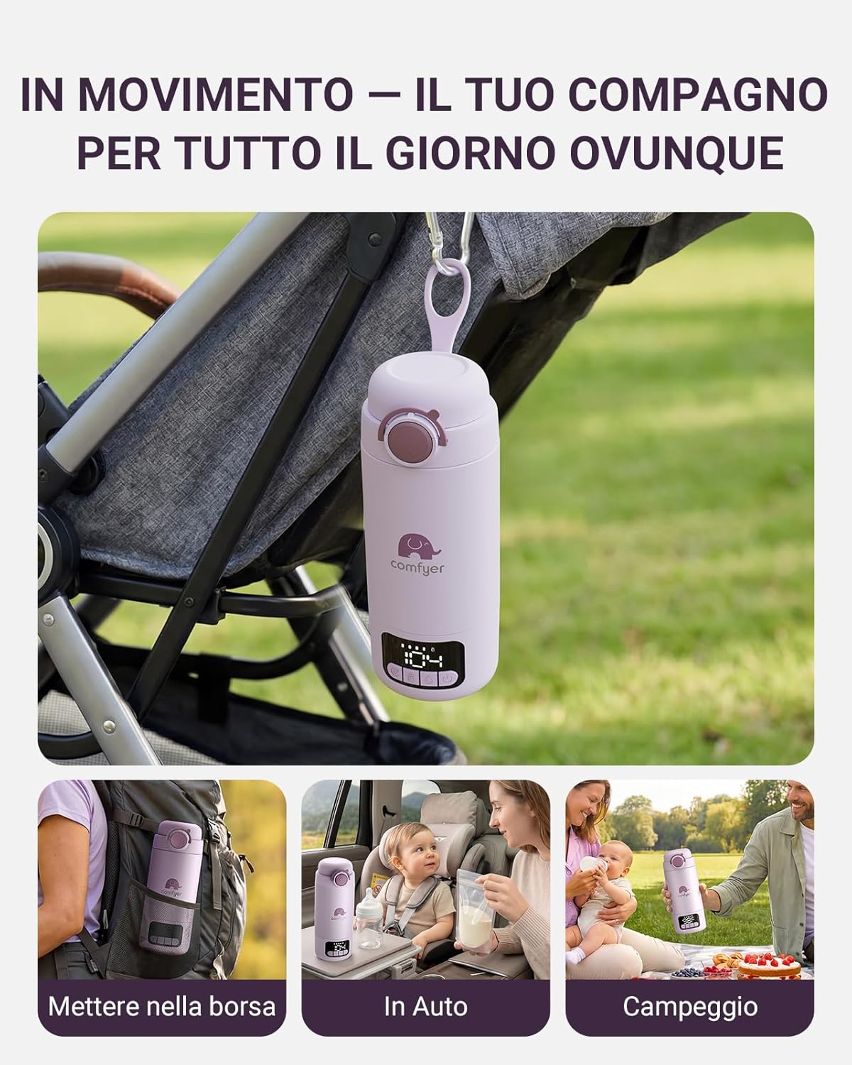 Detalle 2 de Comfyer BW02 scaldabiberon portatile con batteria 16.000 mAh e sterilizzatore integrato da 500 ml