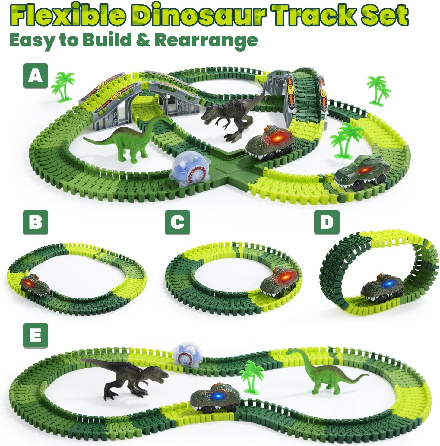 Detalle de EagleStone Dinosaur Race Track Toy Set (210 pieces) — Light-Up Dino Cars & Figures