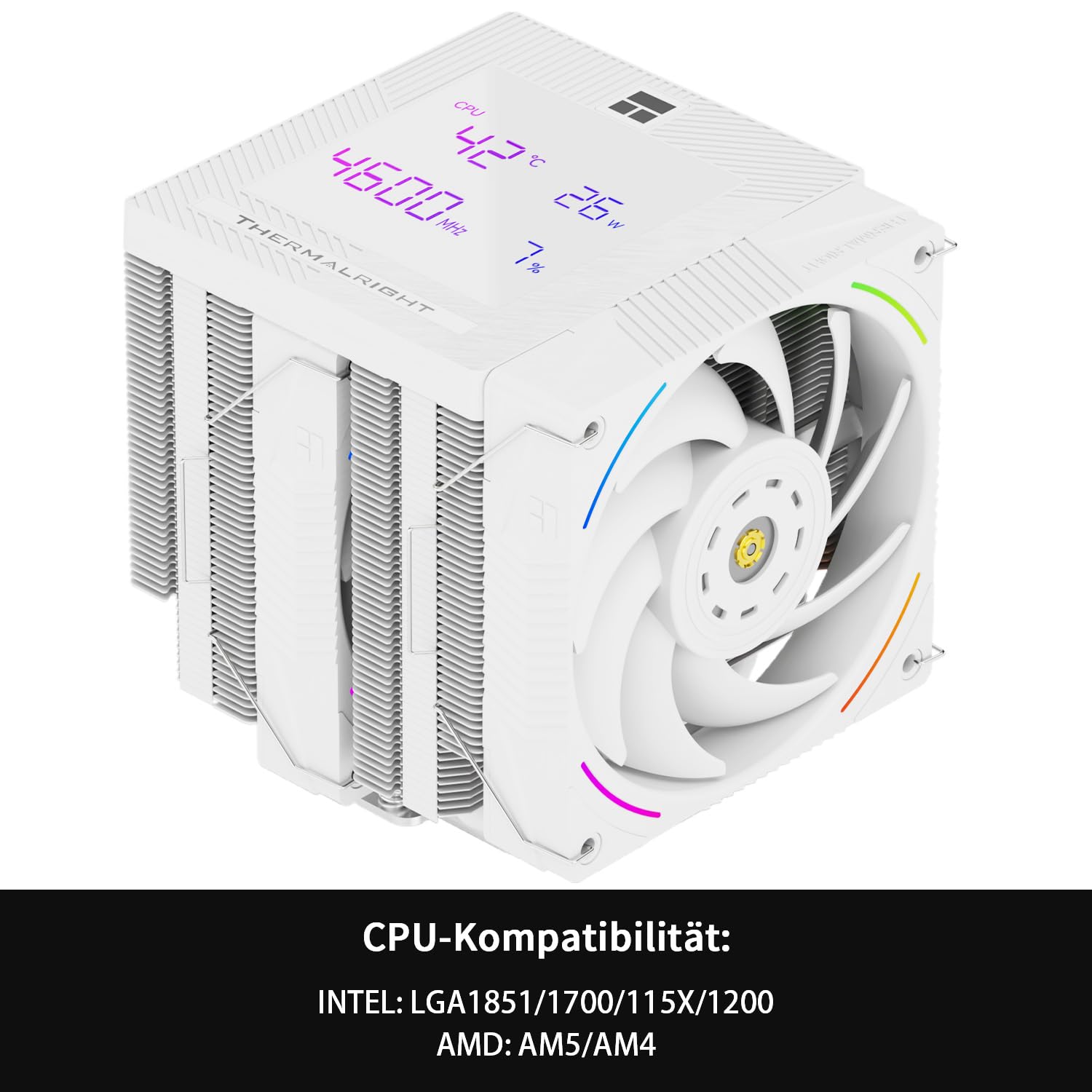 Detalle de Thermalright TR Phantom Spirit 120 Digital SNOW – Dual-Tower CPU-Luftkühler mit 7 Kupfer-Heatpipes und ARGB