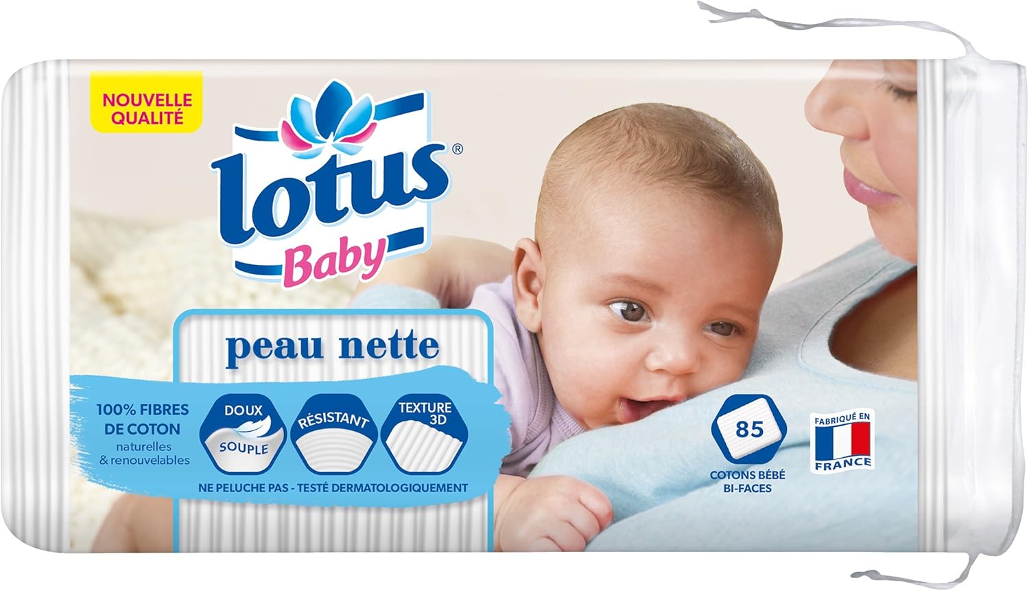 Detalle de Lotus Baby Peau Nette – Cotons bébé 510 carrés (6 paquets de 85) – coton naturel, douceur et fiabilité