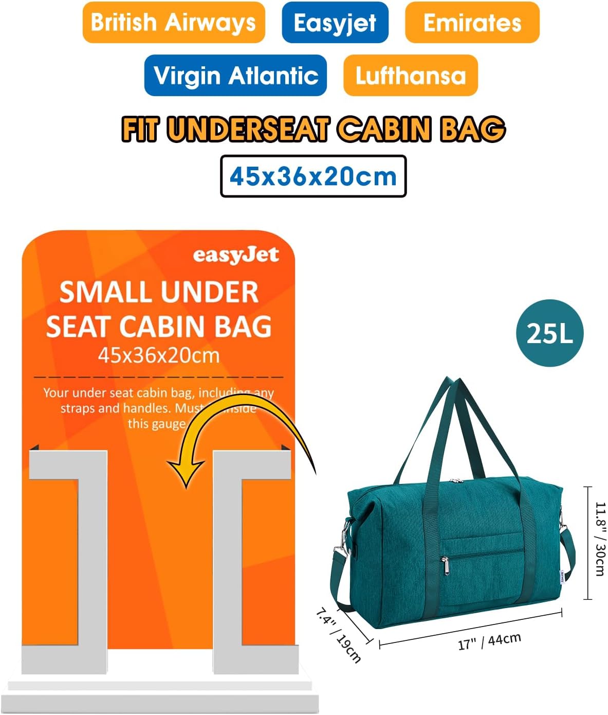 Thumbnail 1 de Narwey EasyJet cabin bag (45x36x20) – foldable underseat travel duffel, 25L, teal