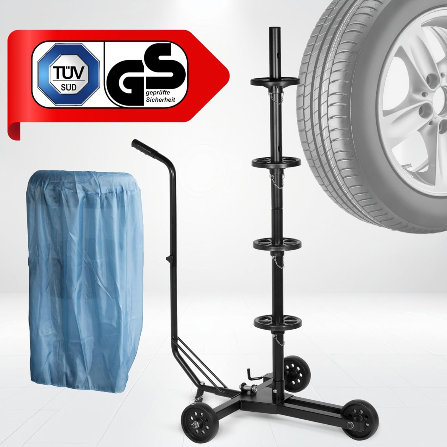 Detalle 2 de cartrend Felgenbaumwagen – fahrbar mit Reifenschutzhülle, geeignet für Felgen bis 255 mm Breite