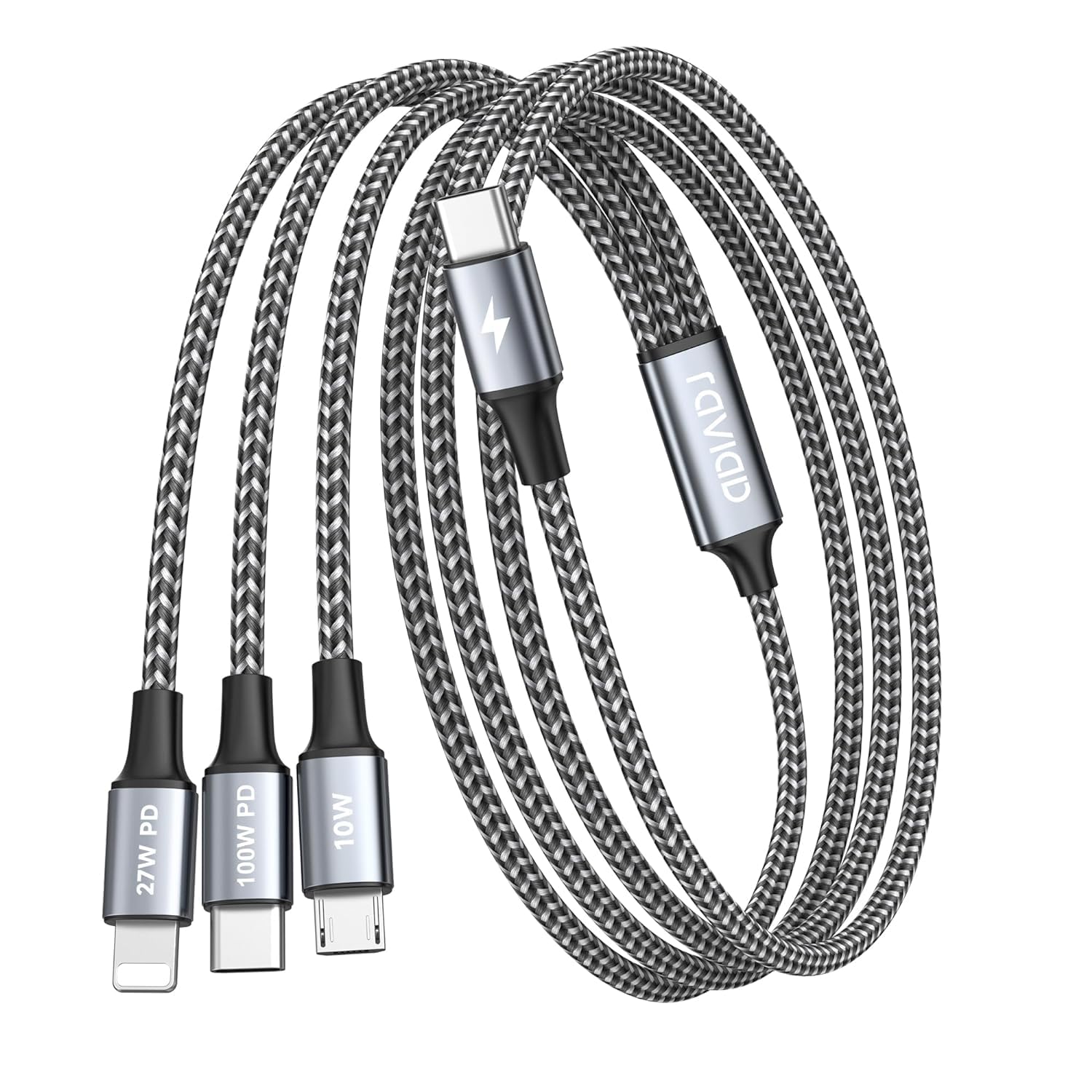 RAVIAD 100W USB C 3‑in‑1 Charge Cable for Galaxy S24/S23, iPhone 15/14/13 & MacBook Pro