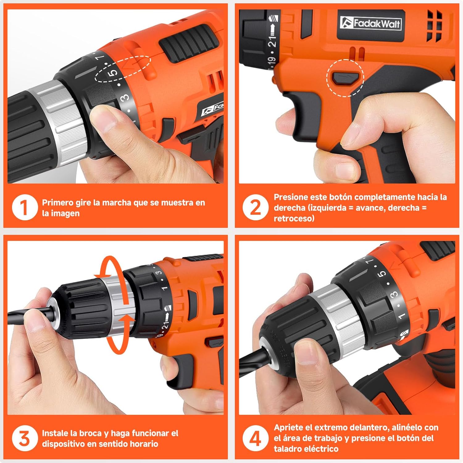 Thumbnail 4 de FADAKWALT Akku-Bohrschrauber 20V – 30 Nm, 2-Gang, 60-tlg Zubehörset, 2000 mAh, LED, Orange