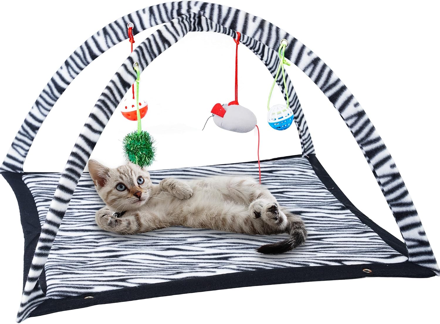 Detalle de Tofern Multi-Function Pet Kitten Cat Interactive Activity Toy Mat (Zebra) – Folding fleece bed, hammock and hanging mouse