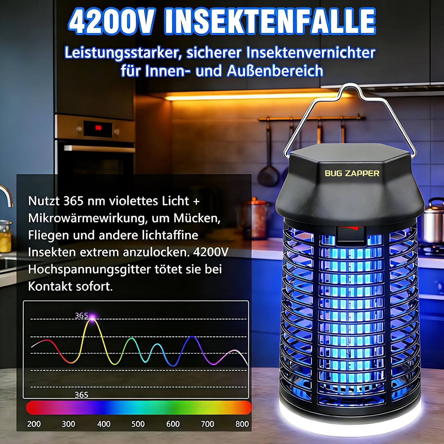 Detalle de Insektenvernichter Elektrisch 4200V – 2-in-1 Mückenlampe mit LED-Licht, IPX4, kompakt und tragbar