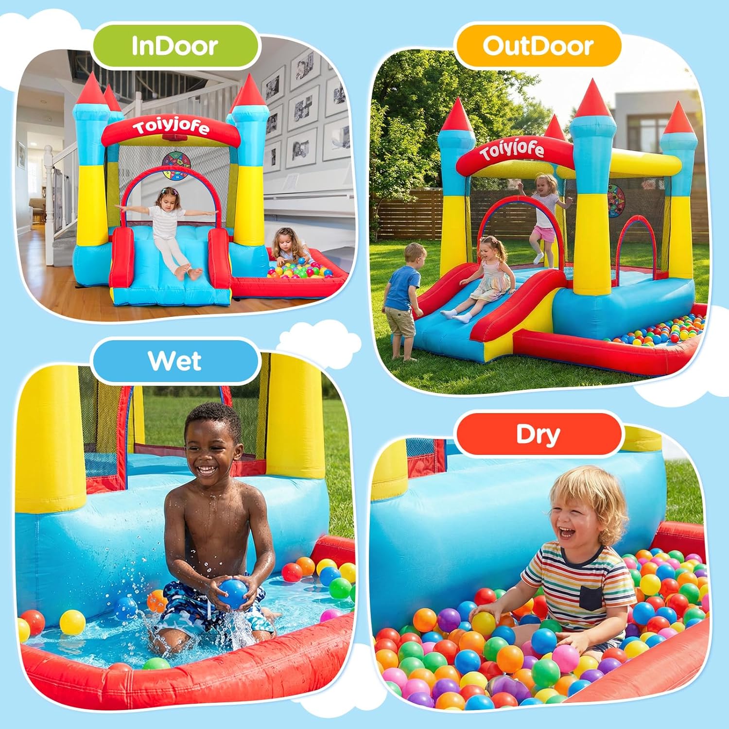Detalle de Bounce House for Kids 3-6 with Slide & Ball Pit & Hoop — 5-in-1 Indoor/Outdoor inflatable castle (Includes 370W Blower)