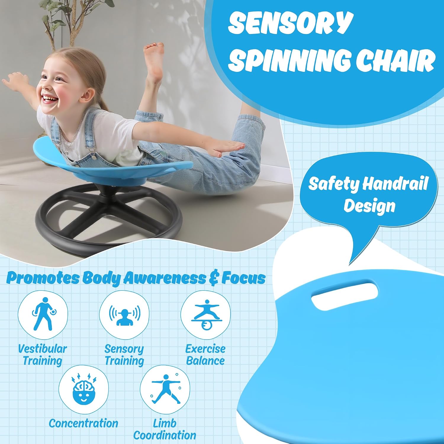 Thumbnail 3 de LGMCF Kids Sensory Spinning Chair (Blue) with Safety Handle and Non-Slip Design