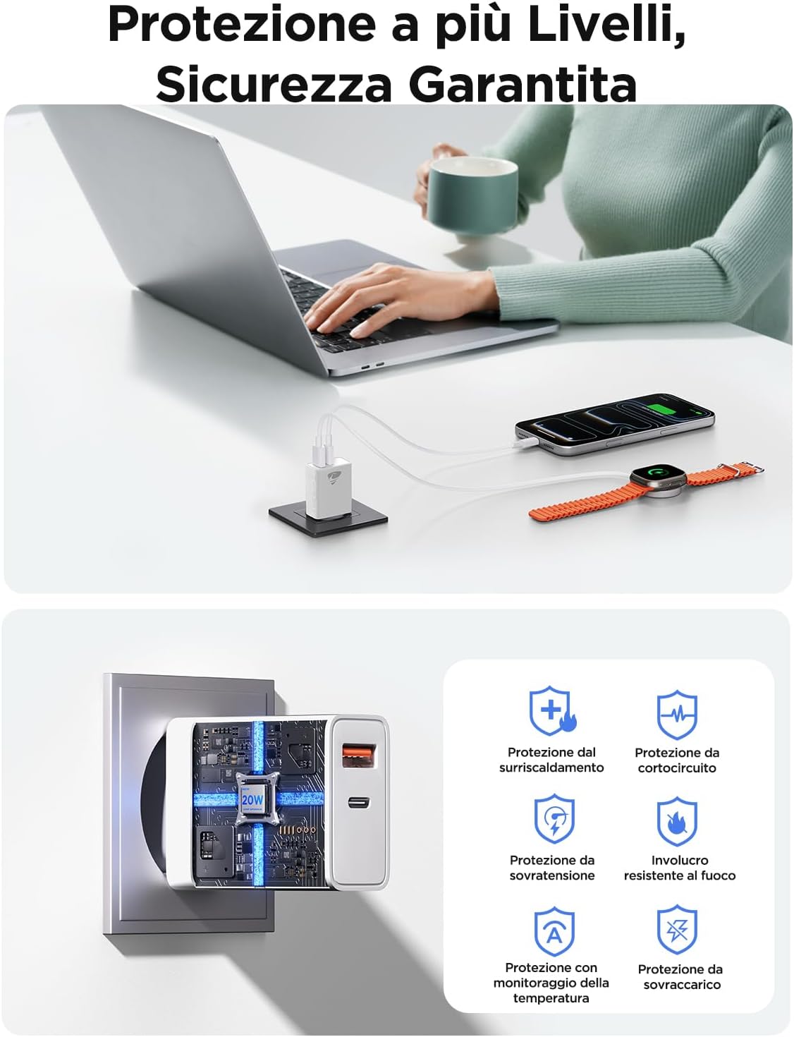Detalle de Caricatore USB-C 20W a 2 porte 1x USB-C + 1x USB-A – alimentatore compatto per iPhone, Samsung, iPad e molto altro