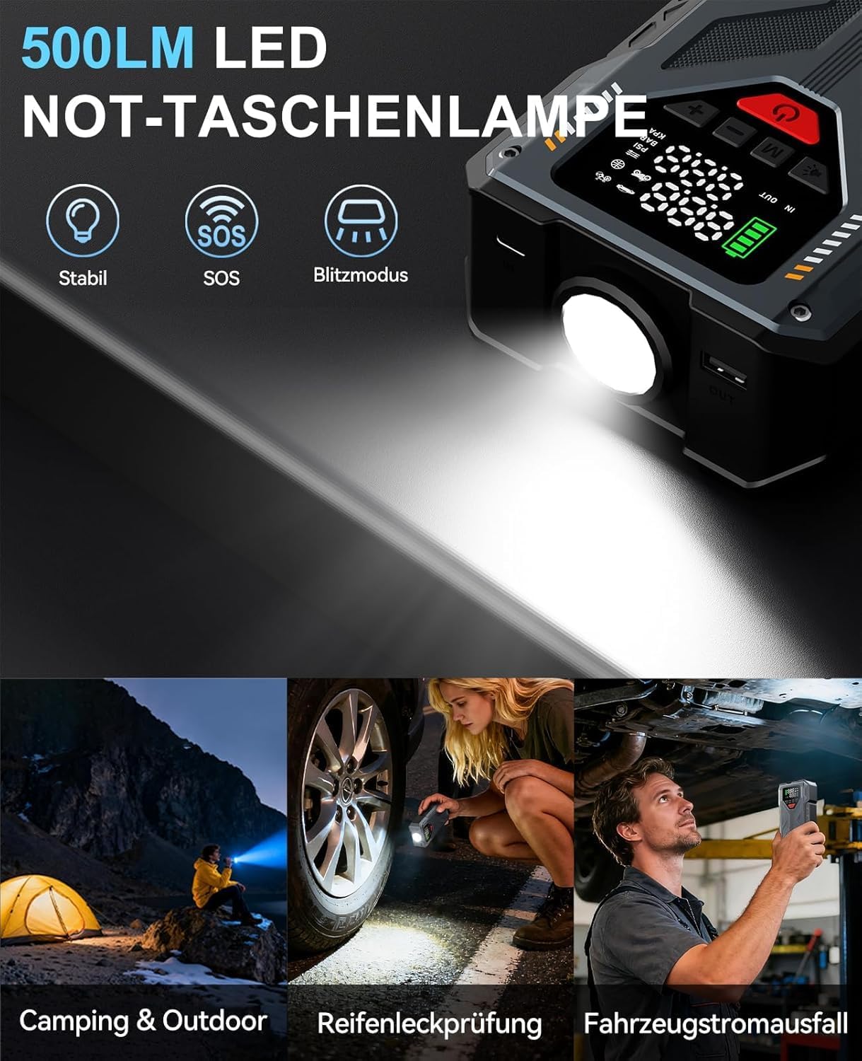 Thumbnail 4 de Upgrade Starthilfe Powerbank für PKW mit Kompressor (150 PSI) und 5000A Jumpstarter – 12V Starterhilfe & Reifenfüller