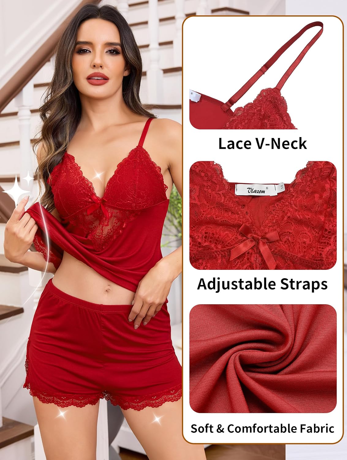 Detalle de Pigiama donna Vlazom in modal ed elastan, top a bretelle e short con pizzo