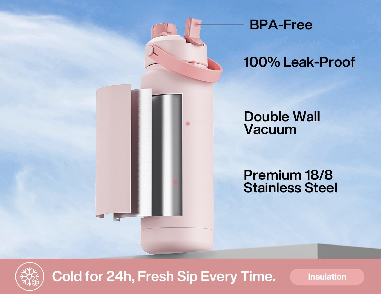 Detalle 2 de POWCAN 32 oz Insulated Water Bottle with 2-in-1 Lid, Cotton Candy