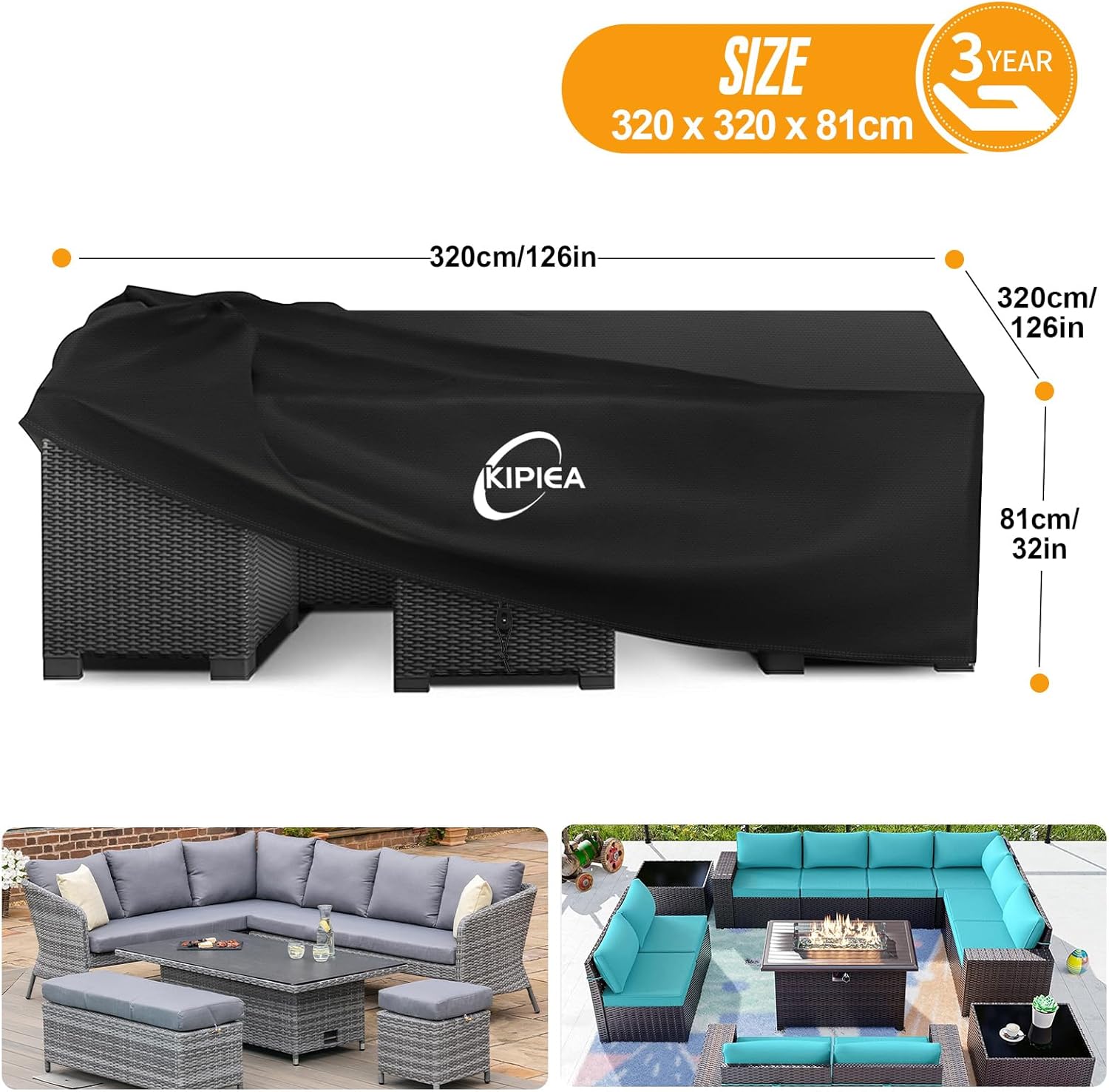 Thumbnail 1 de Kipiea Extra Large Outdoor Table & Chair Covers (420D) – Waterproof, Windproof, Anti‑UV, 320 x 320 x 81cm