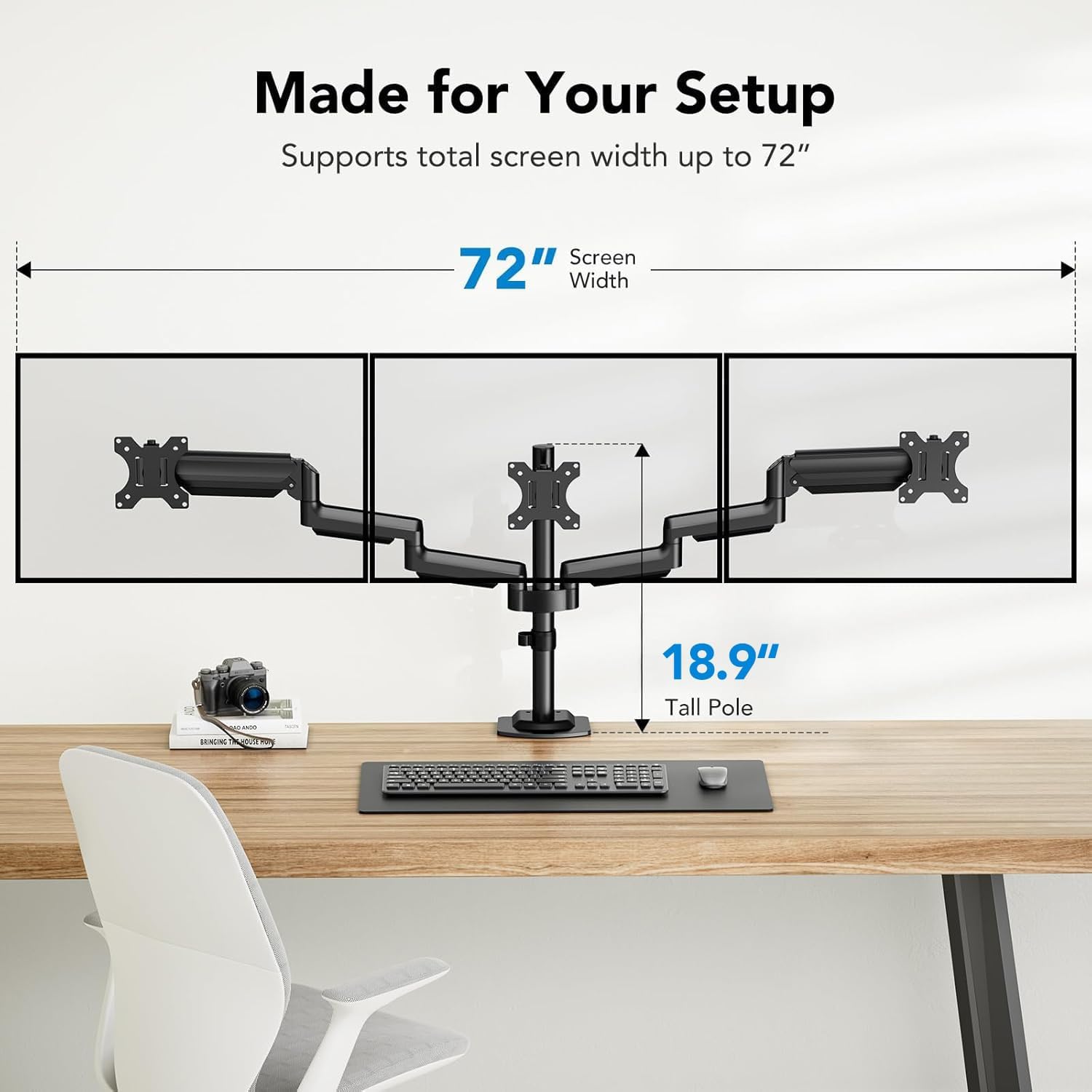 Detalle de HUANUO Monitorhalterung 3 Monitore für 13–27 Zoll – Gasfederarm, 8 kg je Arm, VESA 75x75/100x100