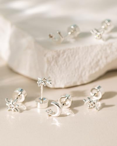 Detalle de HANLI 3Pairs 925 Sterling Silver Star Moon Flat Back Earrings for Women Stud Set