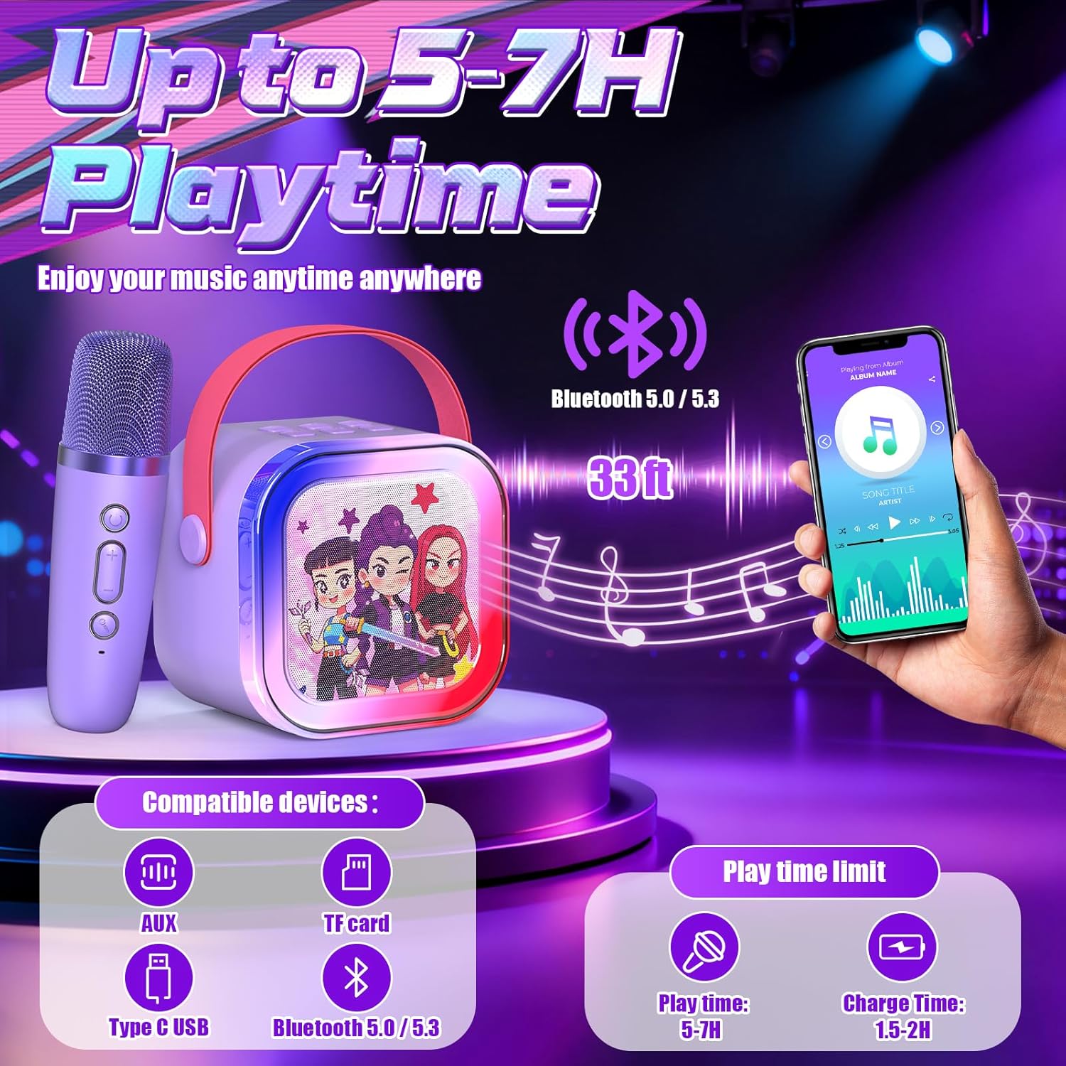 Detalle de Mini Karaoke Machine for Kids (Ages 3–12) with 2 Wireless Mics, 5 Voice Effects, LED Lights, Portable Bluetooth Speaker