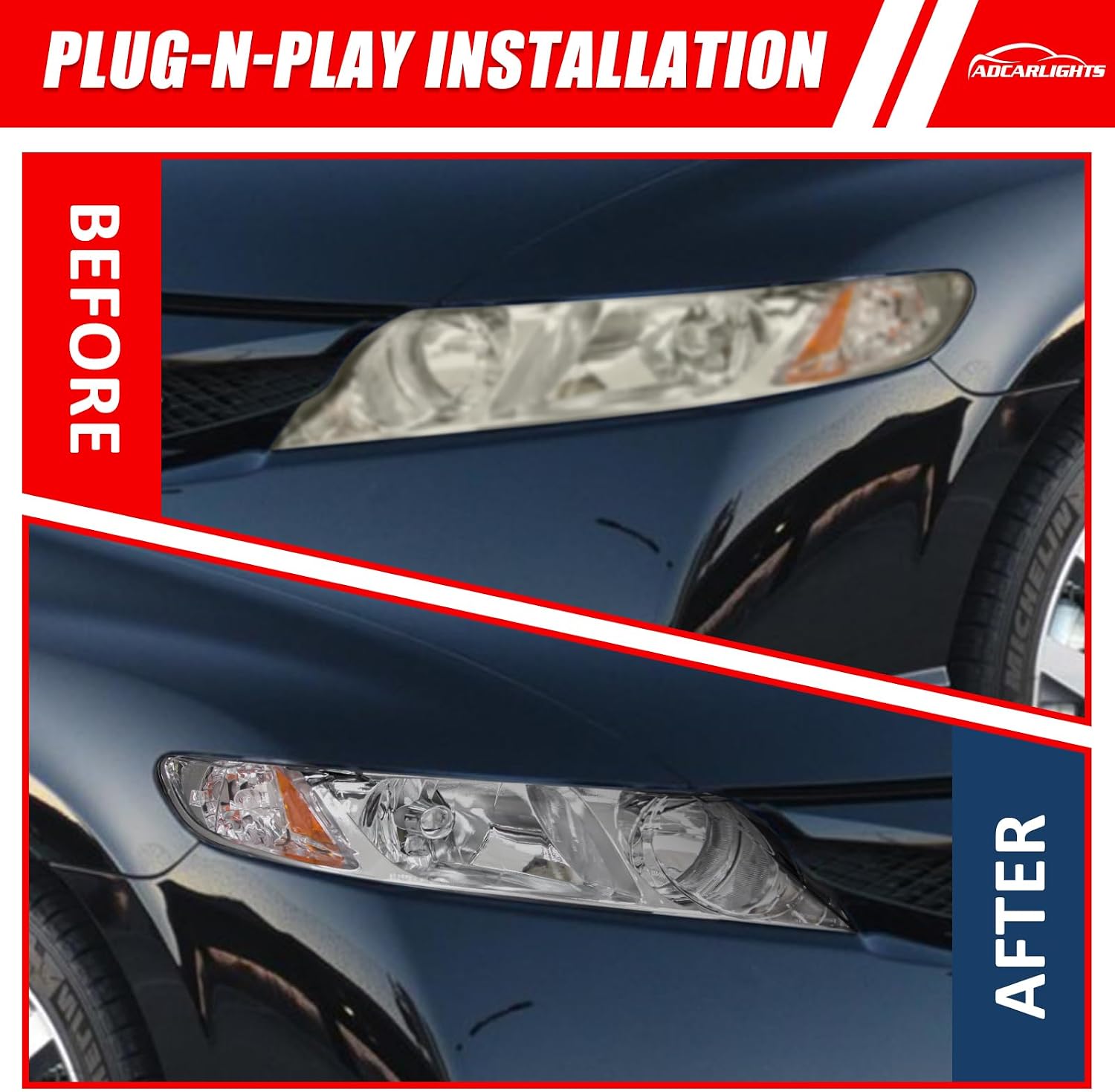 Thumbnail 4 de ADCARLIGHTS Headlight Assembly for 2006-2011 Honda Civic 4-Door (Chrome Housing, Amber Reflector) — W/O Bulbs